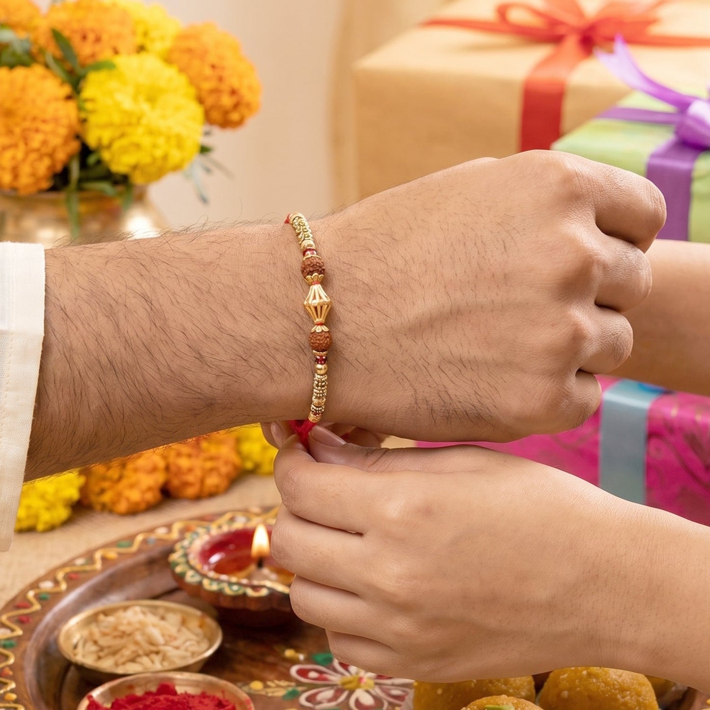 Pearl bead Rakhi displayed on decorative surface, ideal for Raksha Bandhan