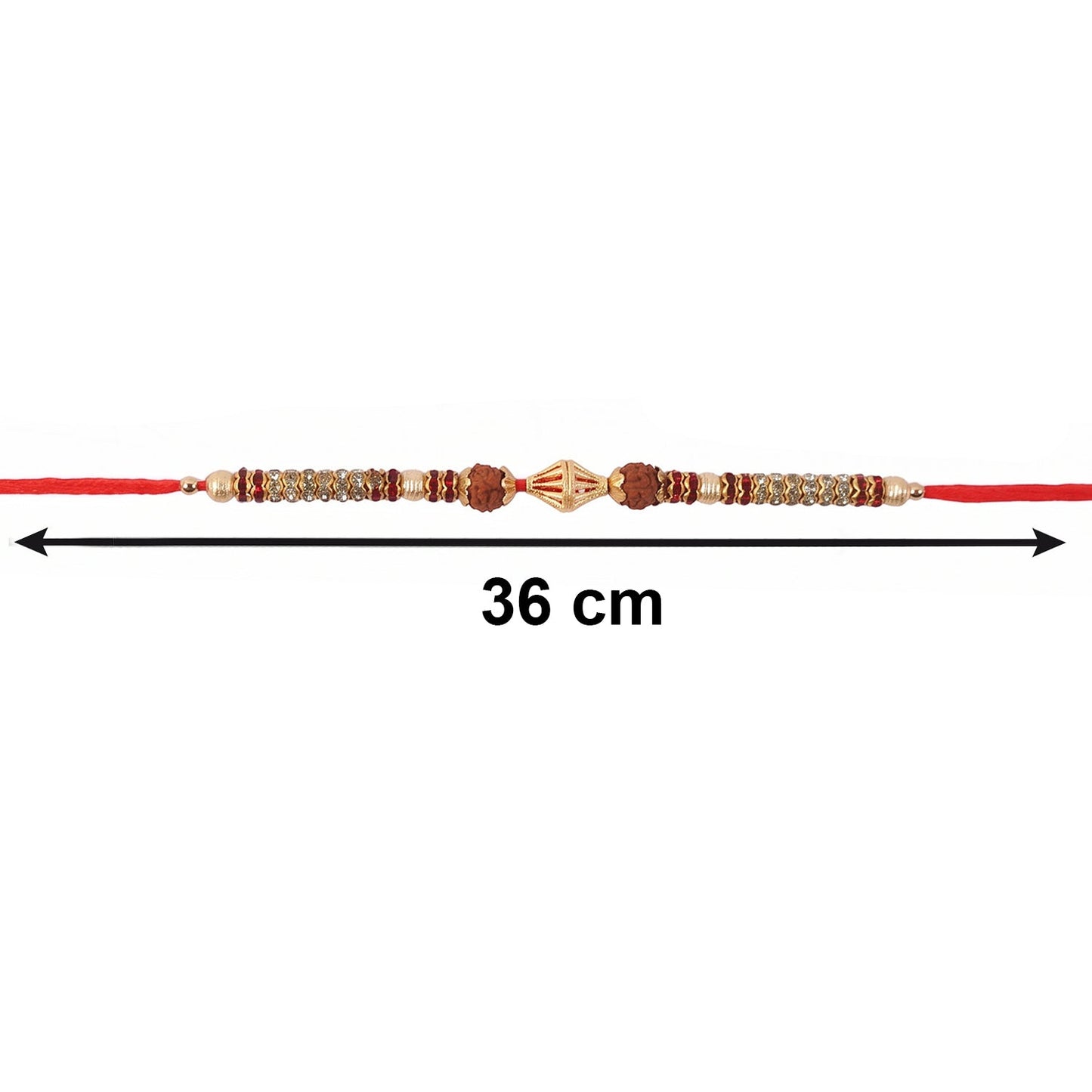 Side view of traditional pearl bead Rakhi with gold accents