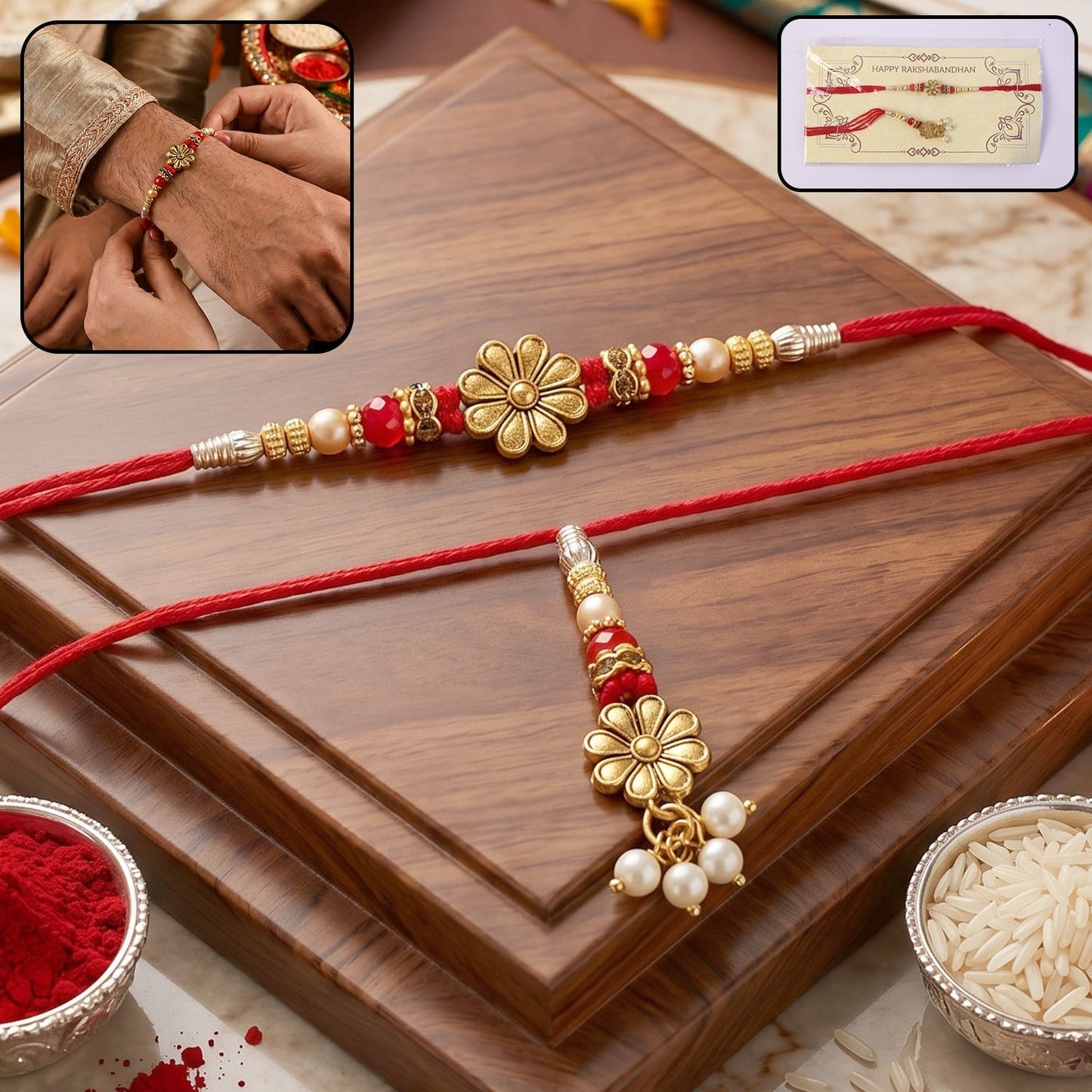 Close-up of floral pearl drop design on Bhabhi Rakhi