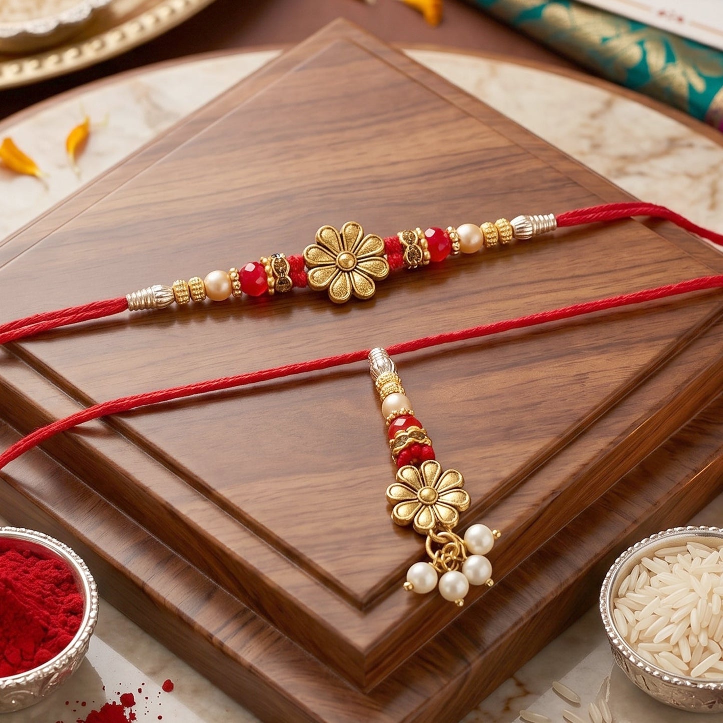 Bhabhi Rakhi on decorative background emphasizing traditional style