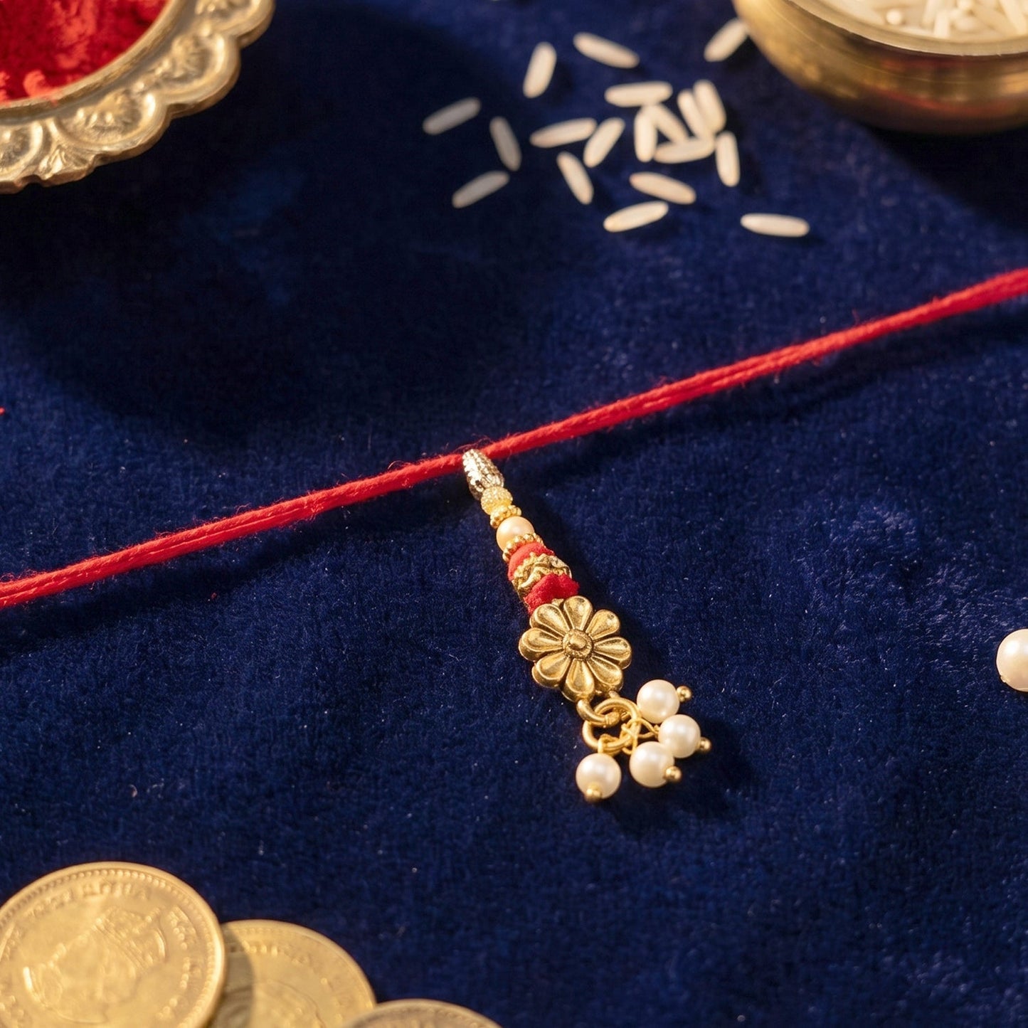 Bhabhi Rakhi displayed on hand showing intricate floral pearl pattern