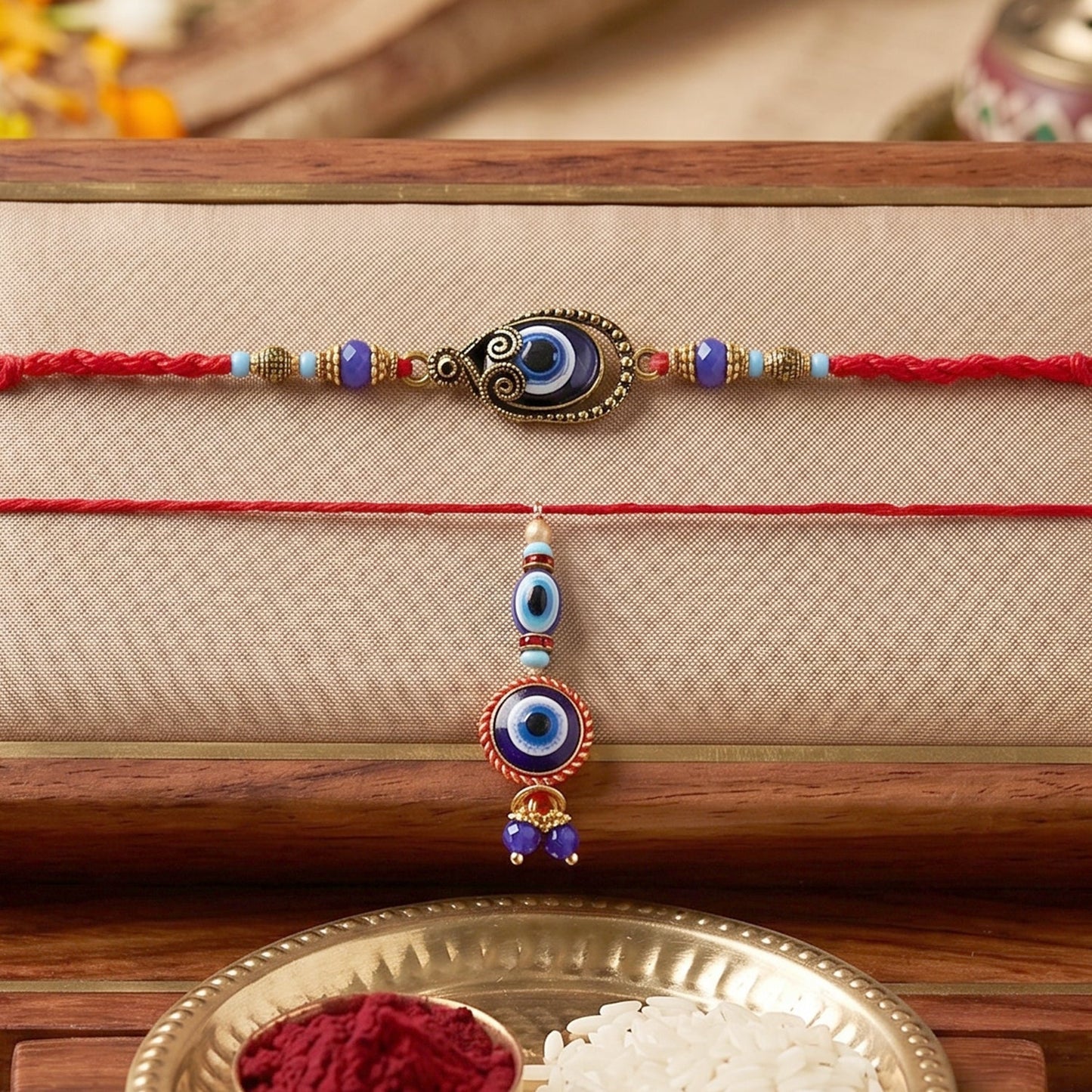 Close-up of Evil Eye Bhabhi Rakhi with Blue Bead Latkan
