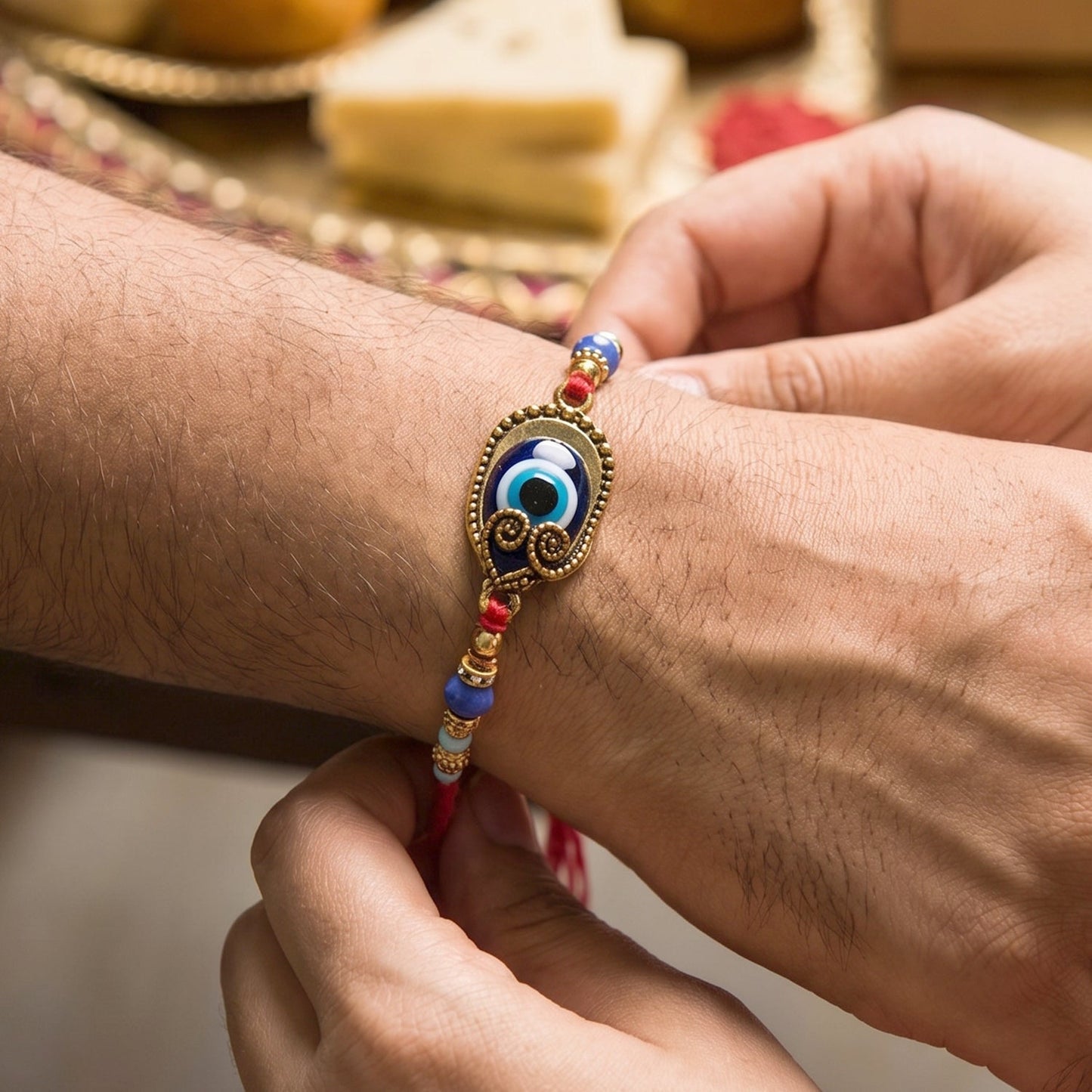 Evil Eye Bhabhi Rakhi on decorative surface