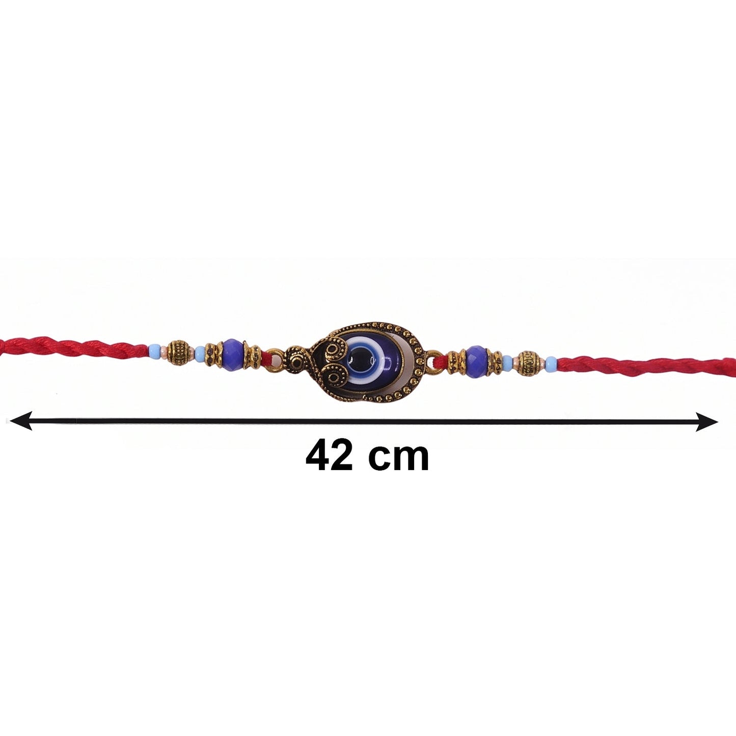 Evil Eye Bhabhi Rakhi on wrist with blue bead latkan