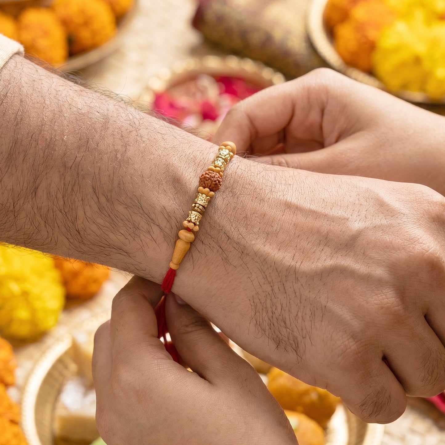 Detailed image of Rudraksha beads on Bhabhi Rakhi