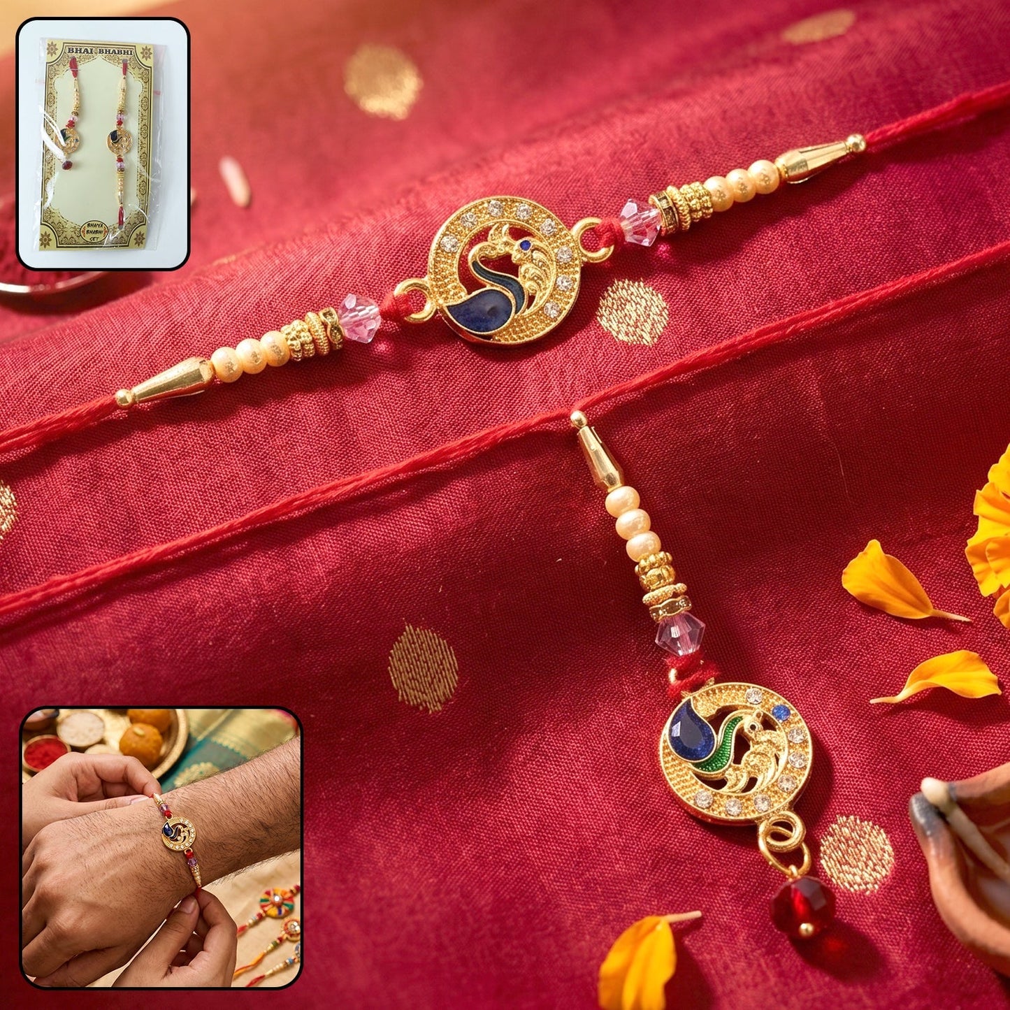 Peacock Stone Bhabhi Rakhi with Pearl Latkan front view showcasing intricate design
