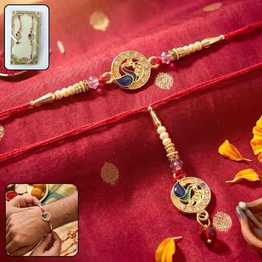 Peacock Stone Bhabhi Rakhi with Pearl Latkan front view showcasing intricate design