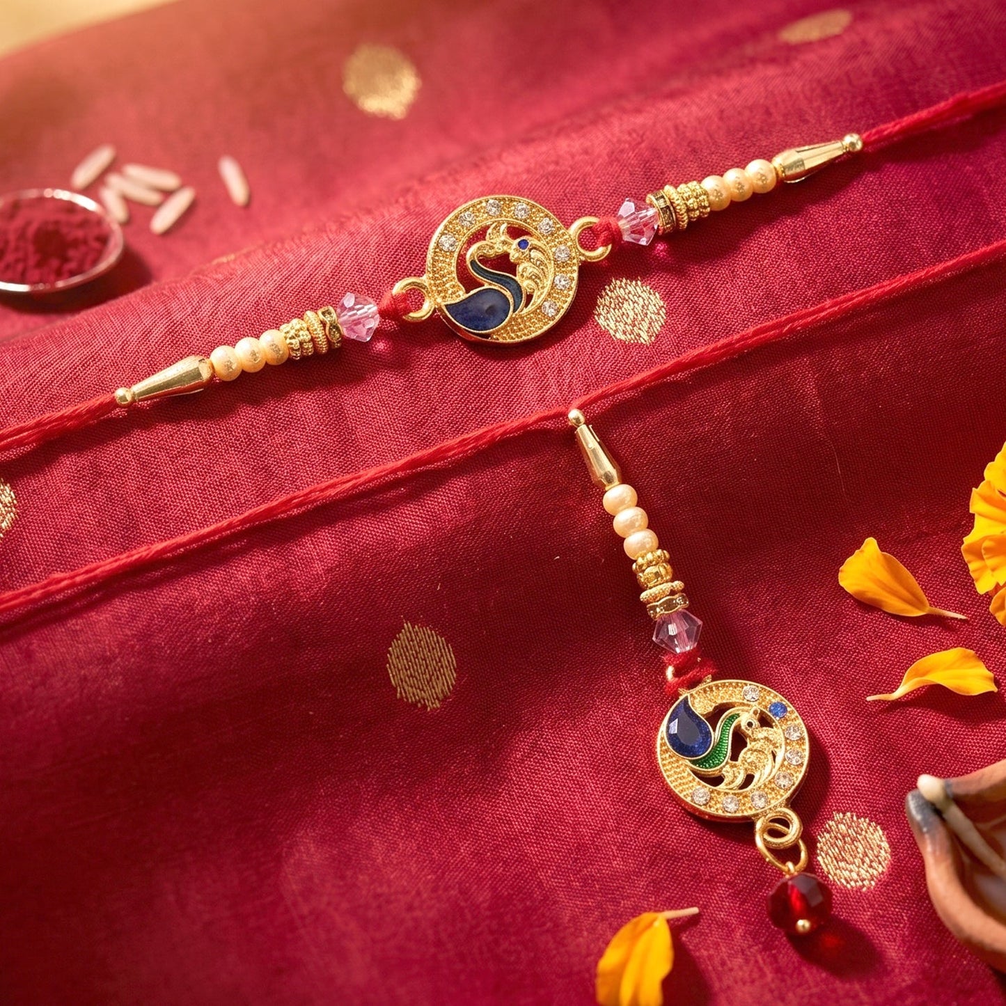 Side angle of Peacock Stone Bhabhi Rakhi with Pearl Latkan highlighting craftsmanship