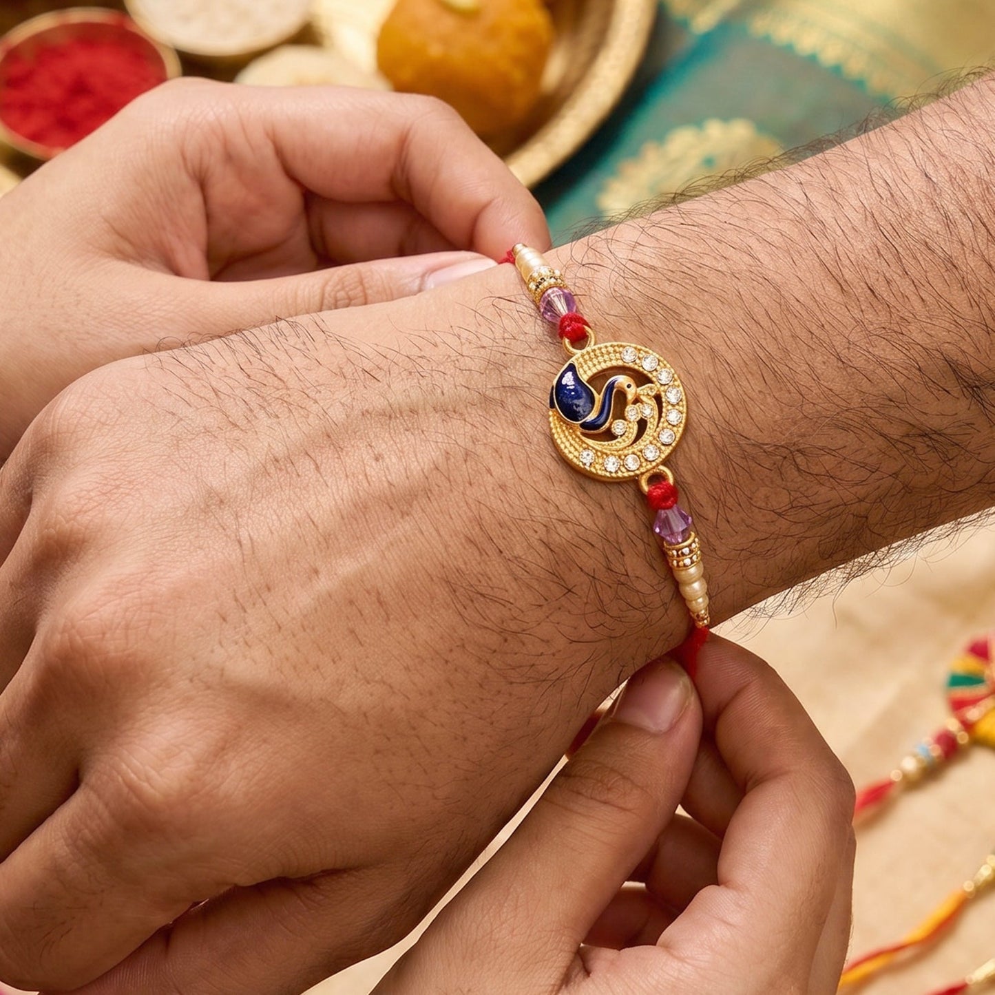 Close-up of Peacock Stone and Pearl Latkan on Bhabhi Rakhi