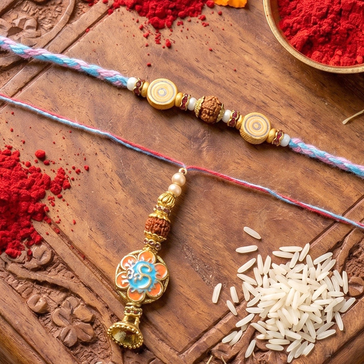 Close-up of colorful floral design and vibrant threads on Bhabhi Rakhi