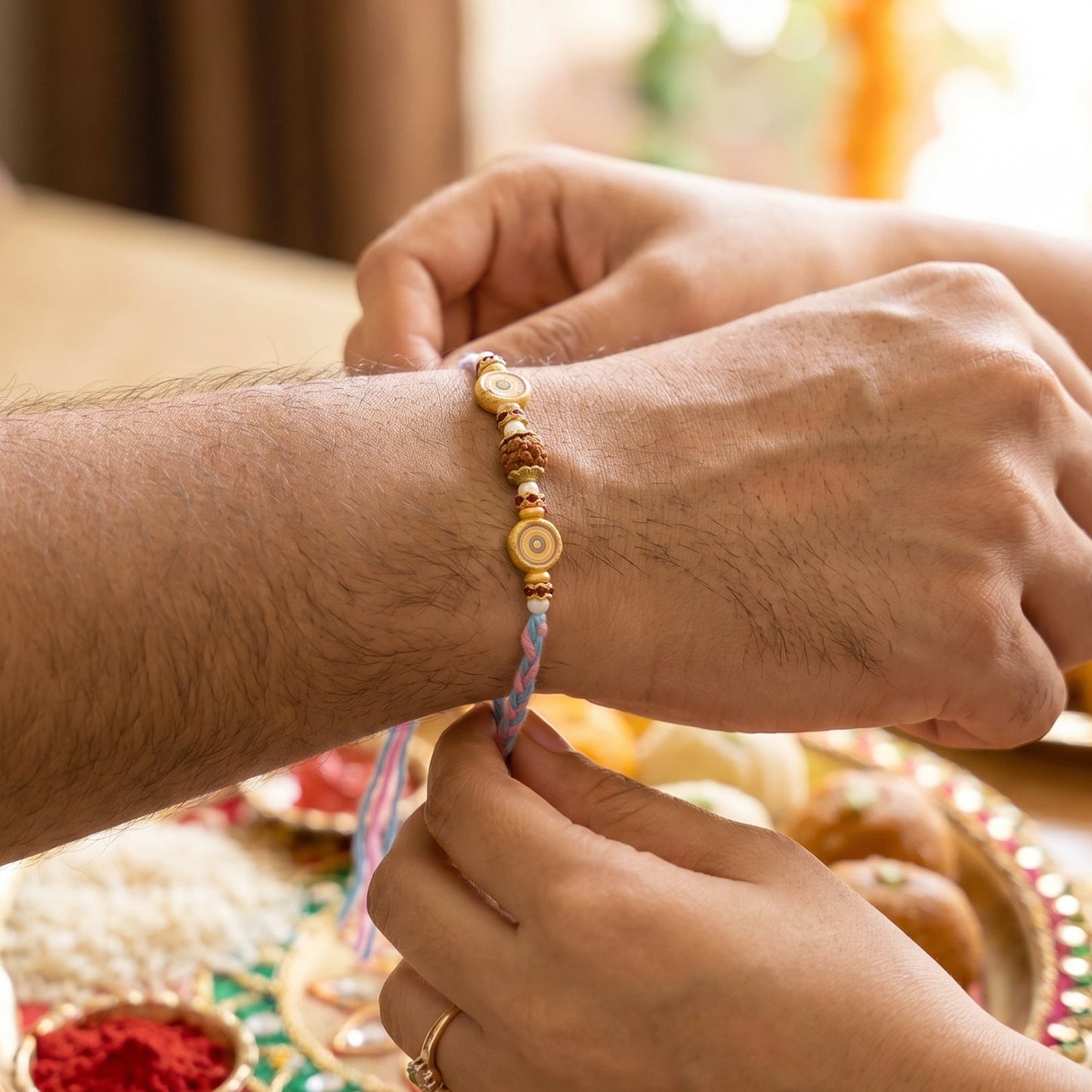 Intricate floral pattern on Blue Bhabhi Rakhi