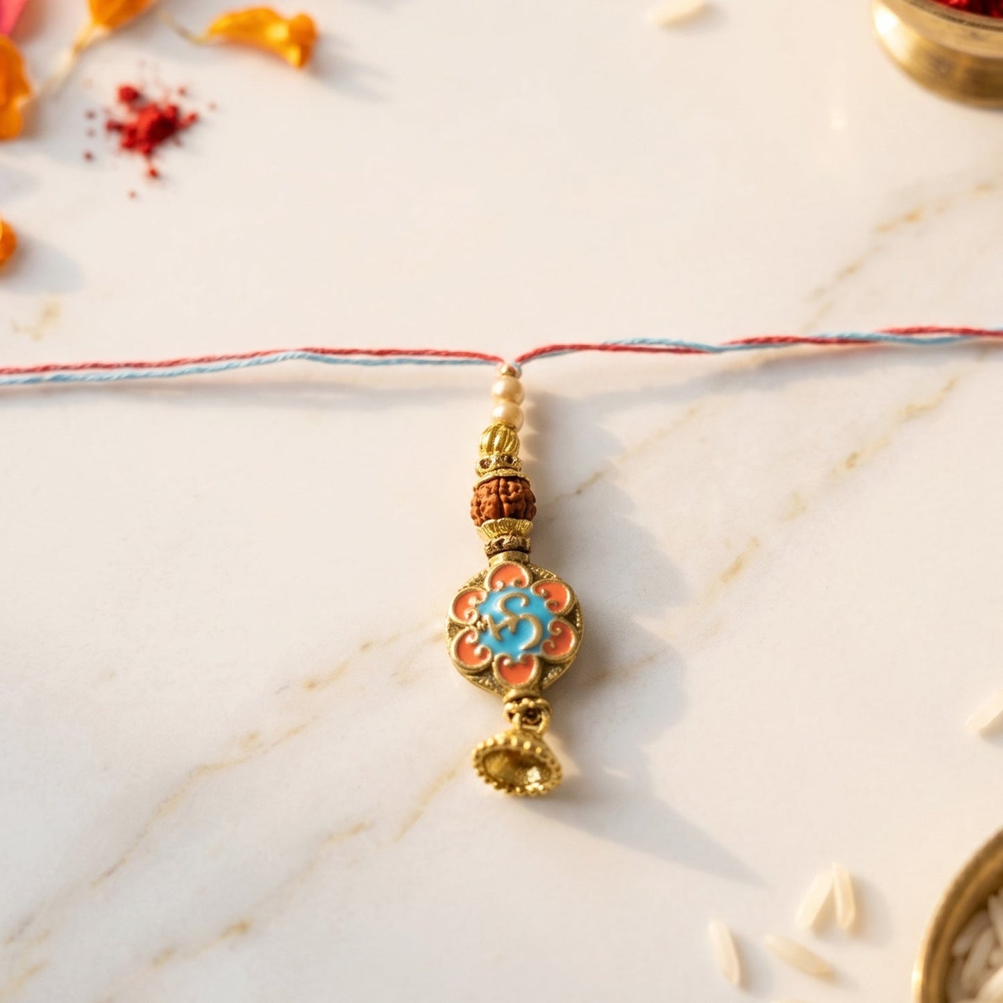 Side view showing vibrant thread colors and floral design of Rakhi
