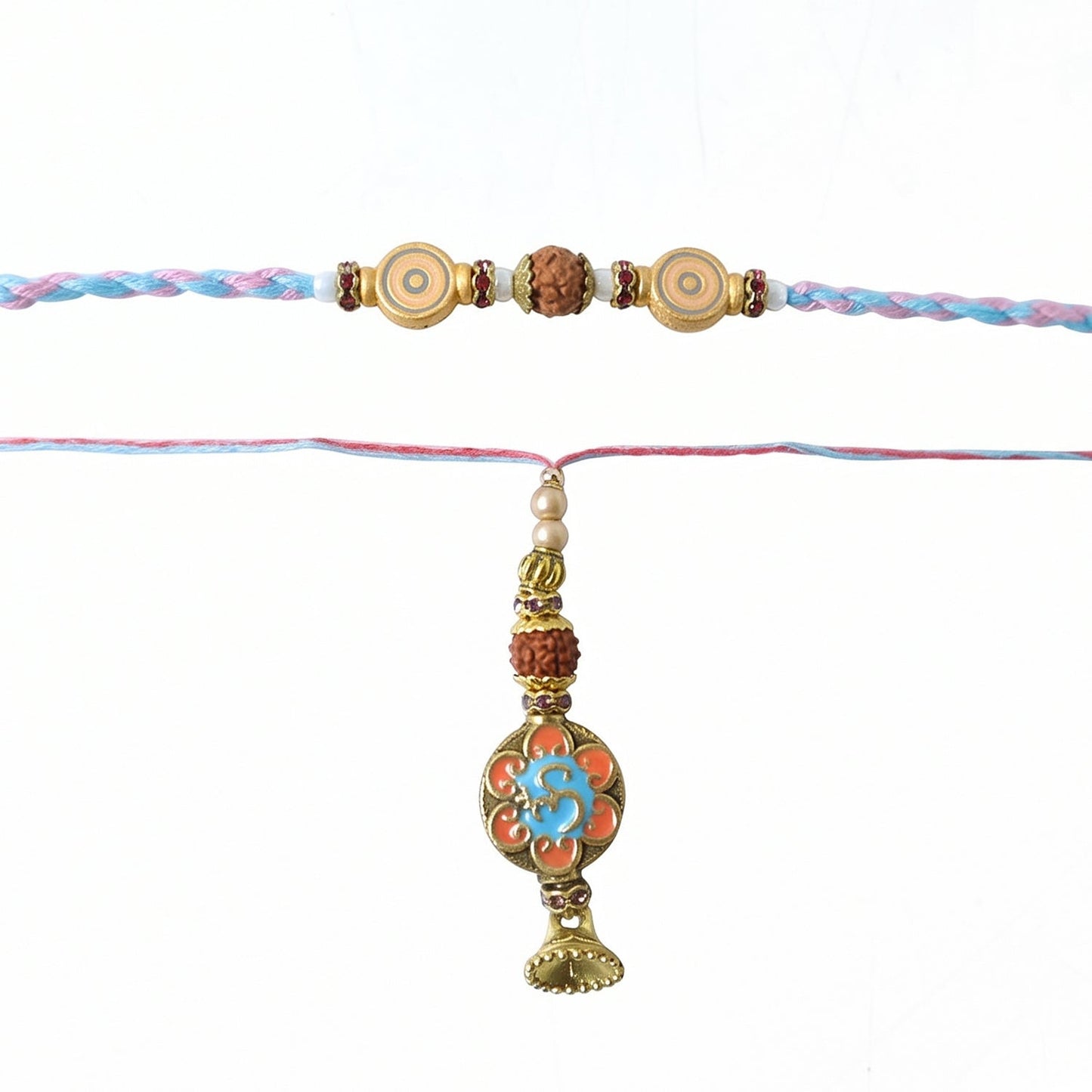 Flat display of Blue floral Bhabhi Rakhi with colorful threads
