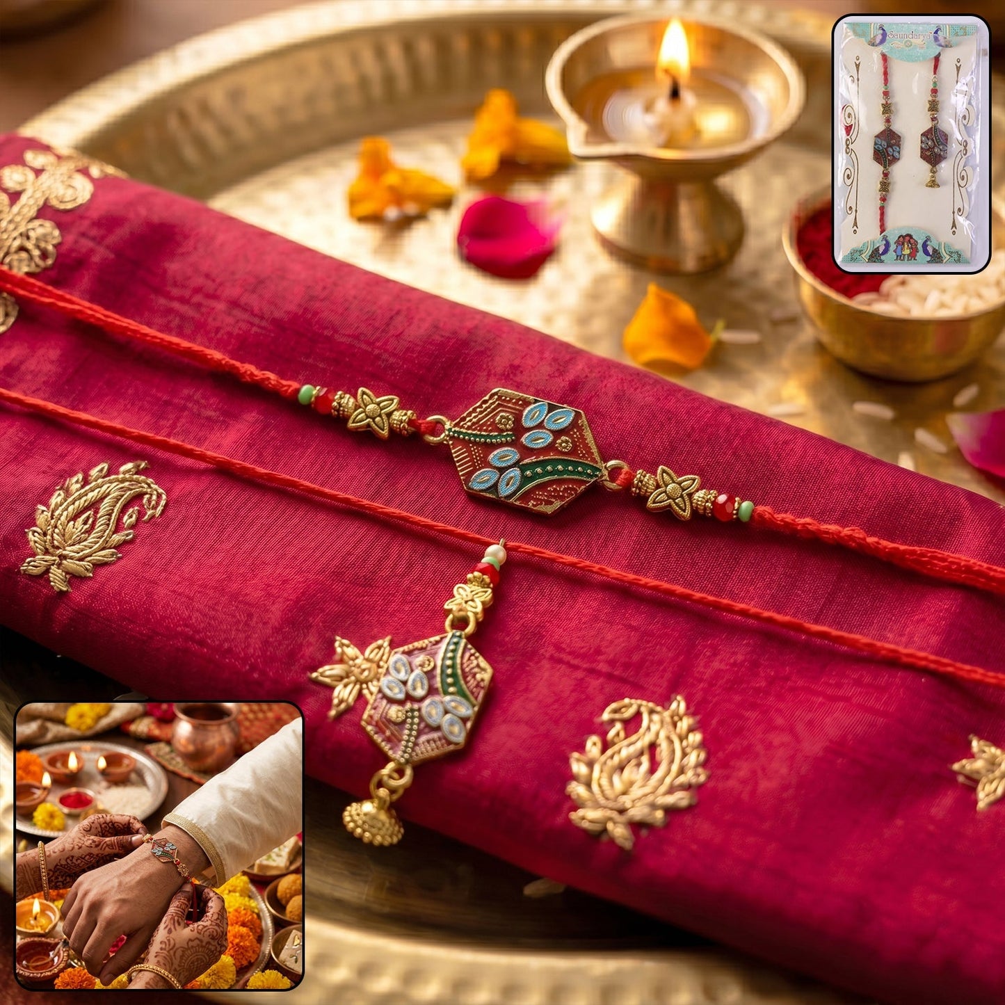 Side view of Meenakari Pot Bhabhi Rakhi highlighting craftsmanship