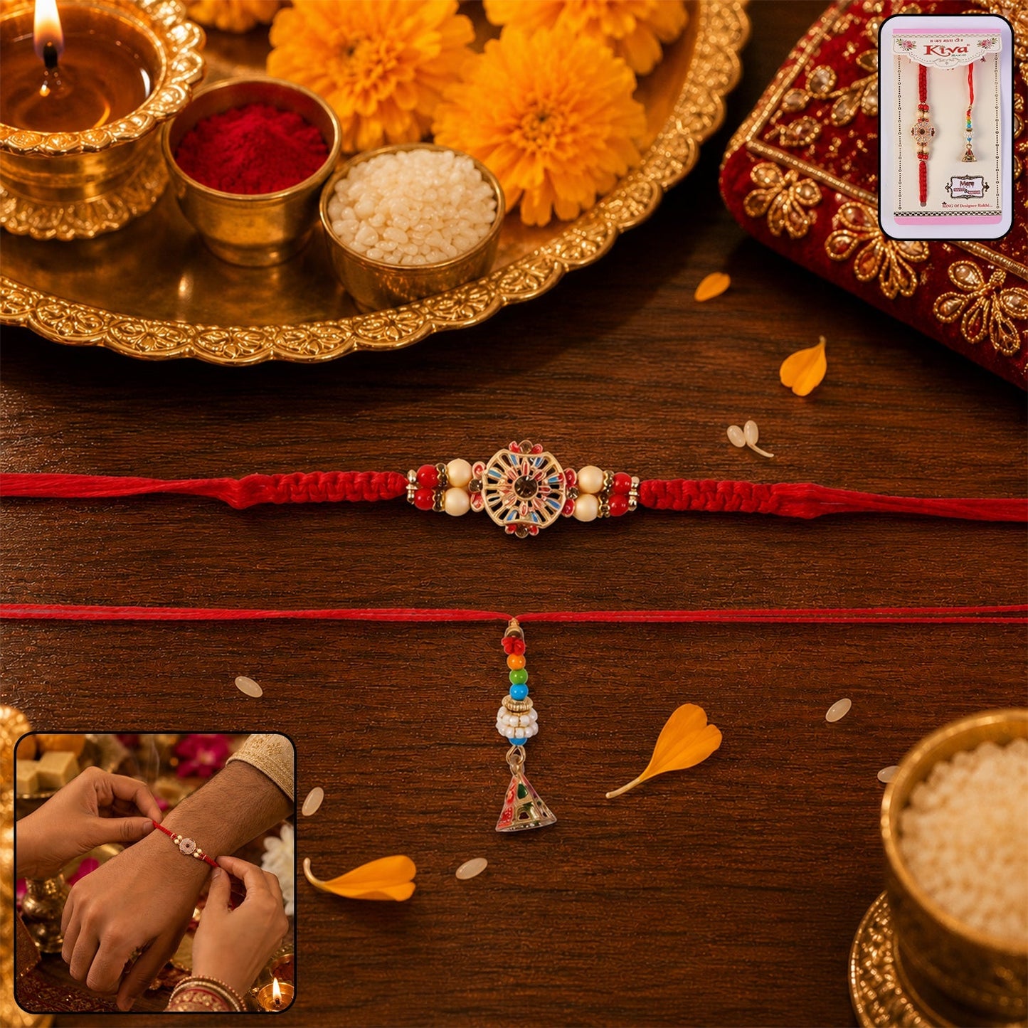 Front view of Sunflower Stone Bhabhi Rakhi with decorative bead latkan