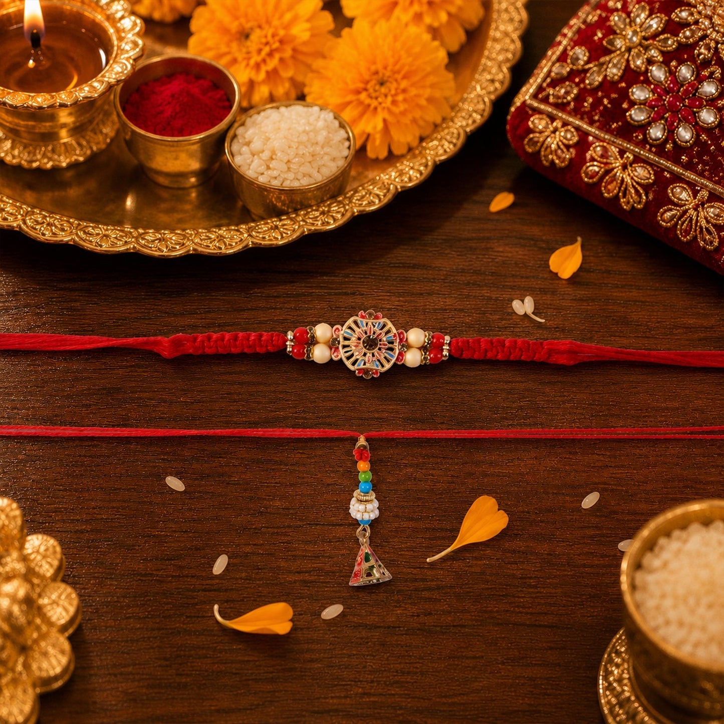Detail of sunflower stone centerpiece and bead work on Rakhi