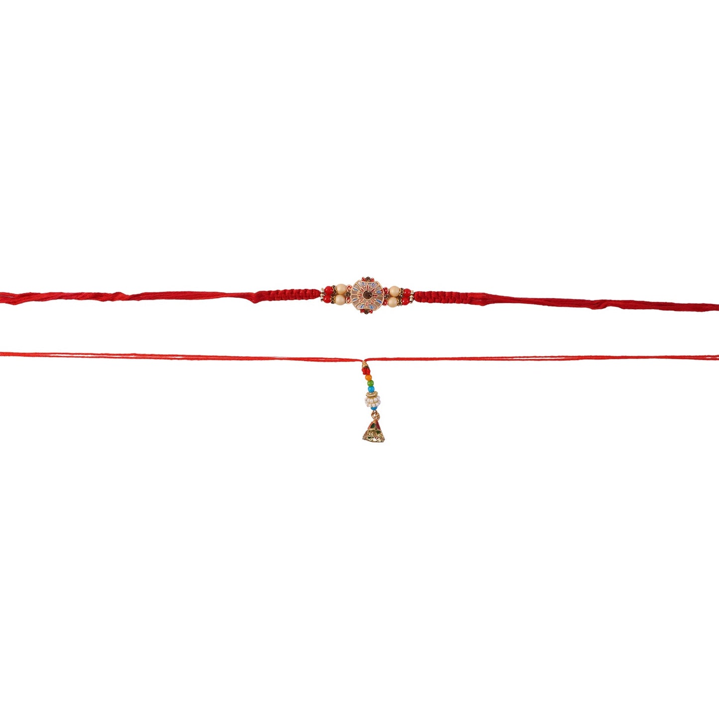 Hand holding Sunflower Stone Bhabhi Rakhi with bead latkan detail