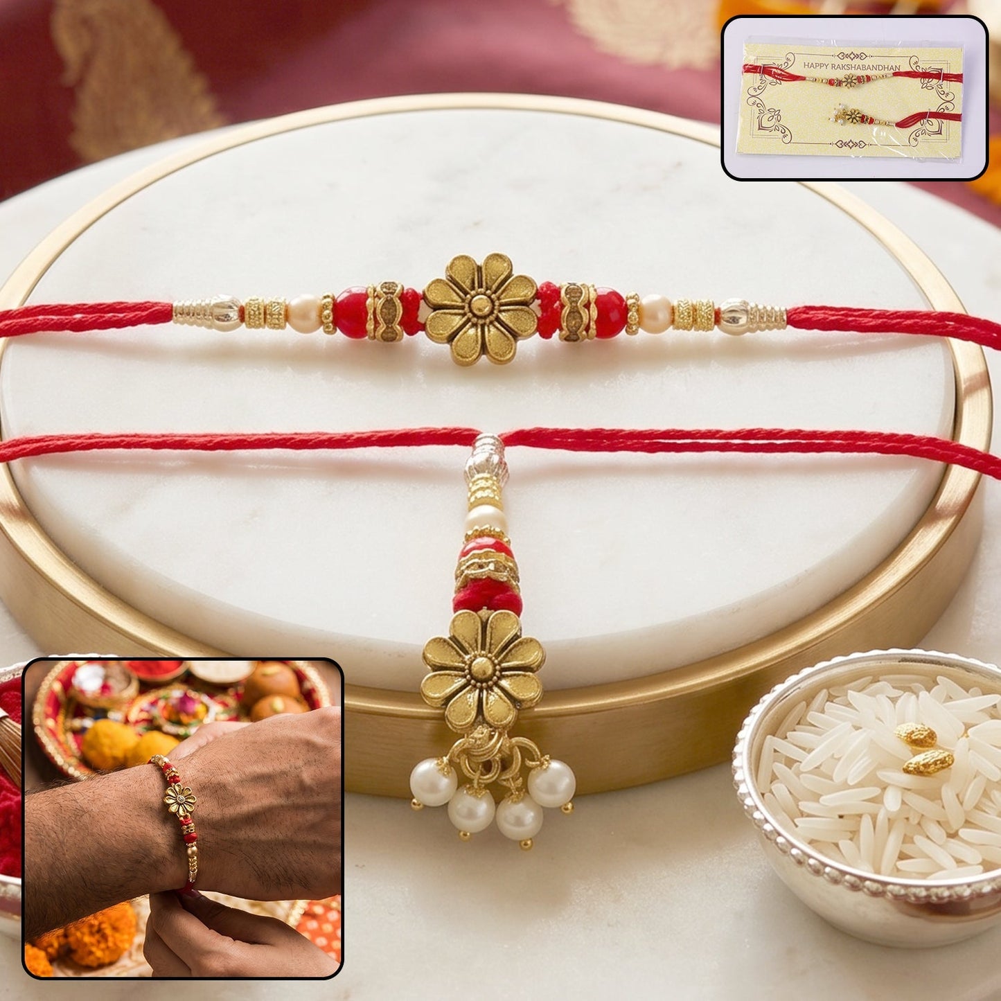Golden floral Rakhi with pearl beads and floral design for Bhabhi