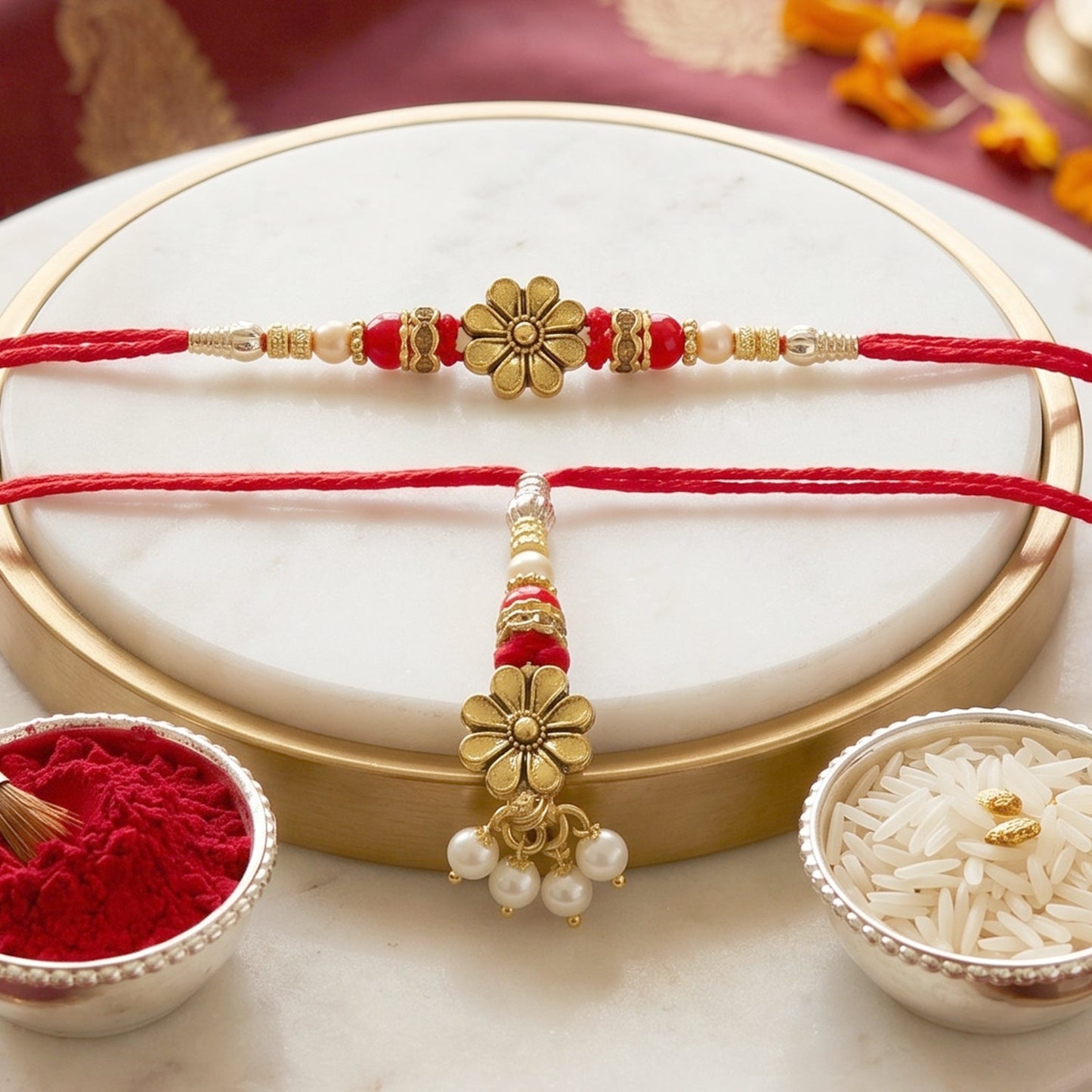 Hand holding golden floral designer Rakhi with pearl beads