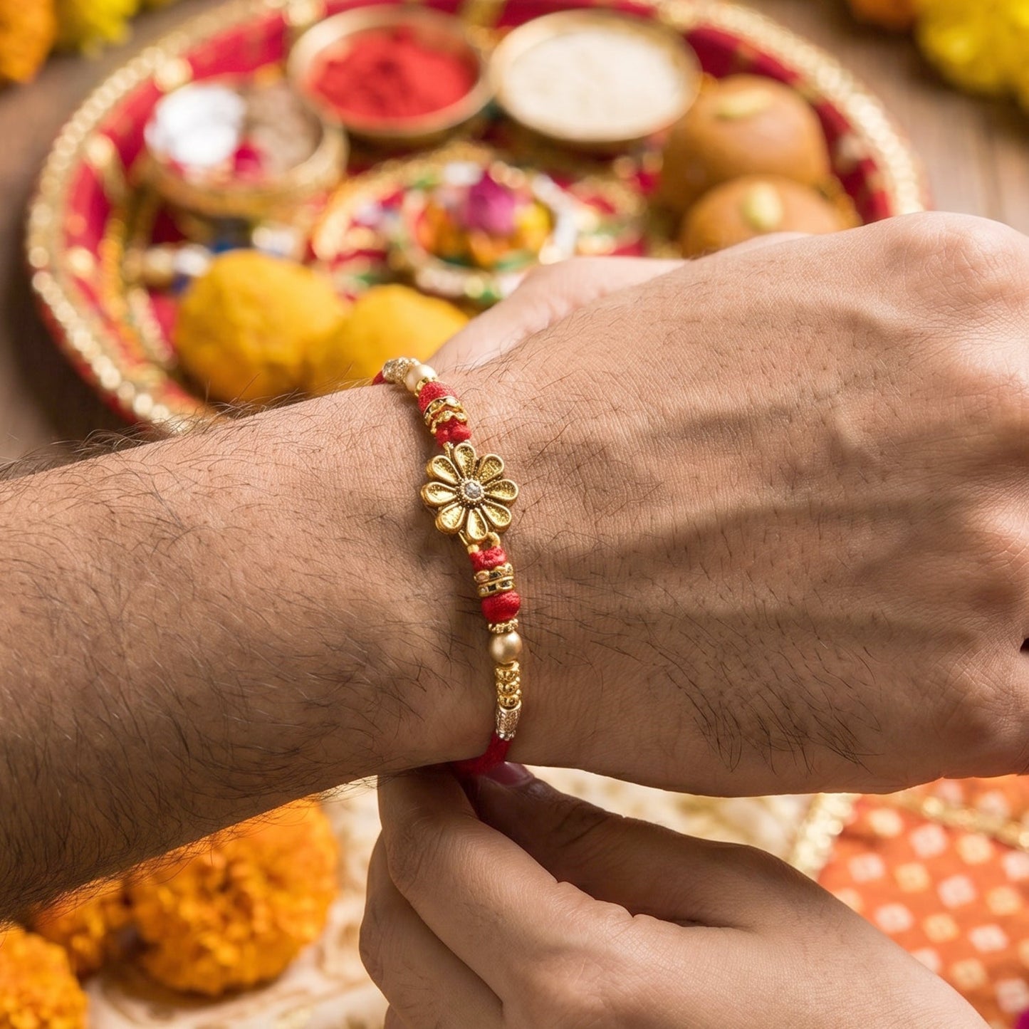 Peacock latkan detail on elegant golden floral Rakhi with pearl beads