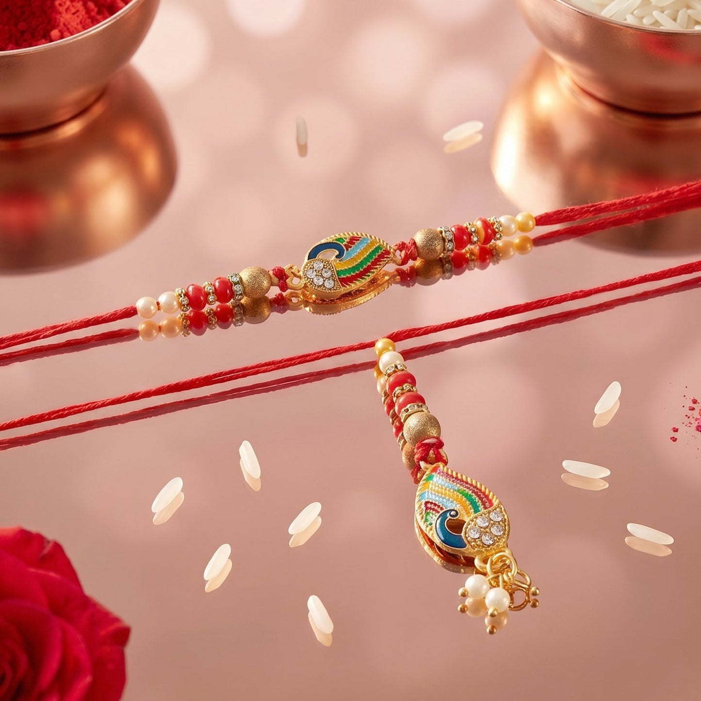 Pearl beads on vibrant Peacock designer rakhi