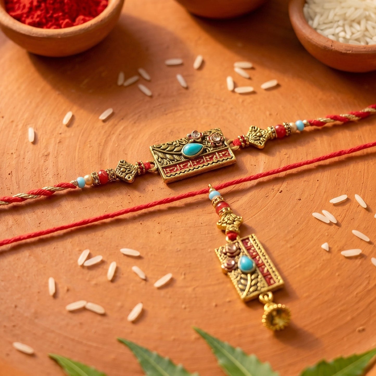 Pearl beads detail on handcrafted Bhabhi Rakhi