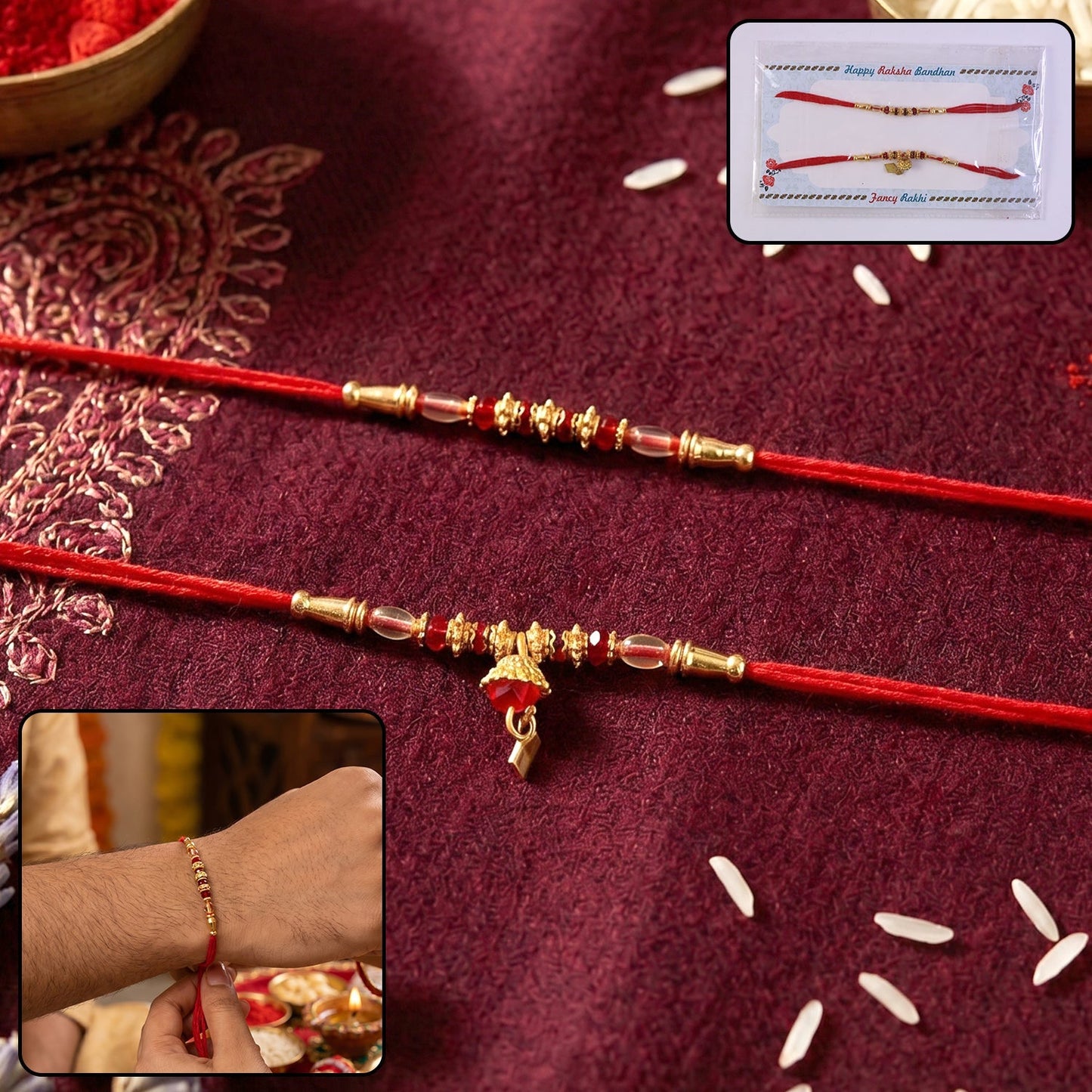 Close-up of golden beaded designer Rakhi with red thread and pearl accents