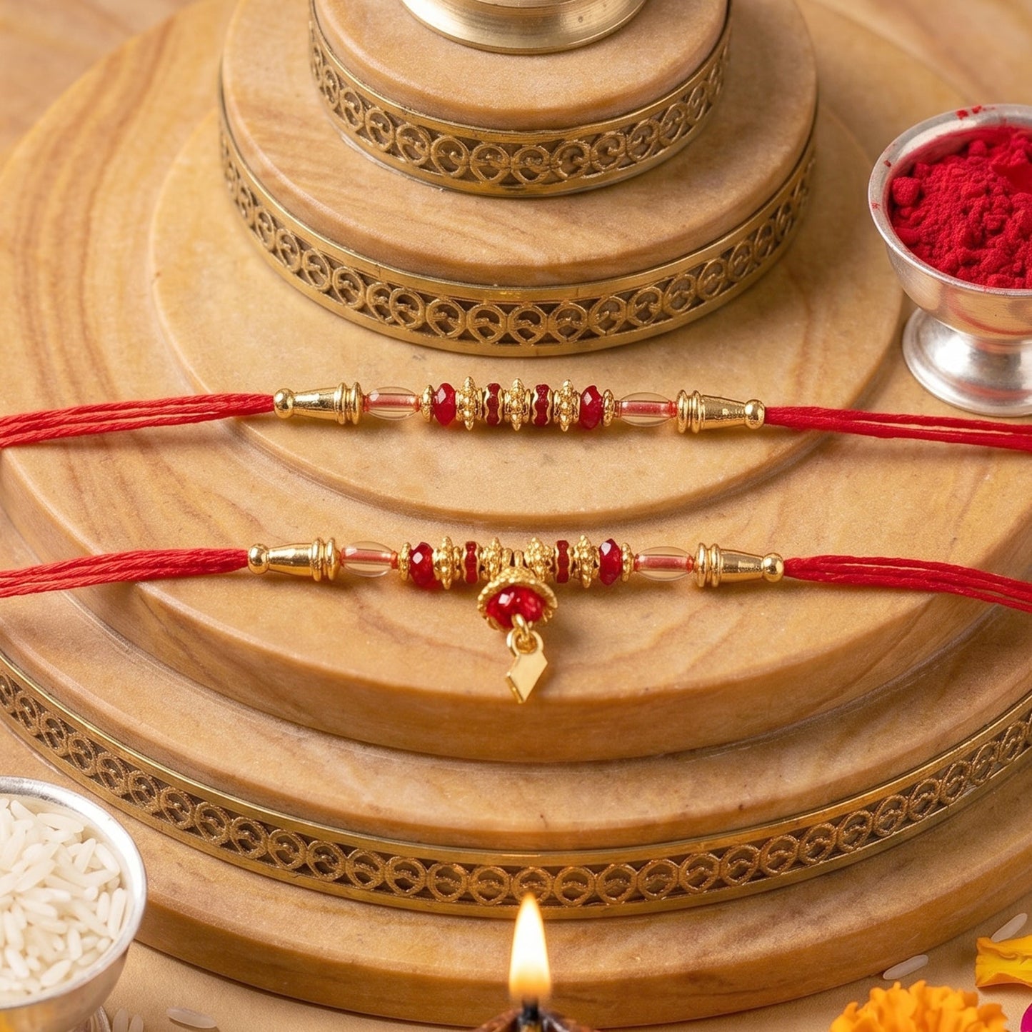 Handcrafted golden beaded Rakhi with intricate details and traditional style