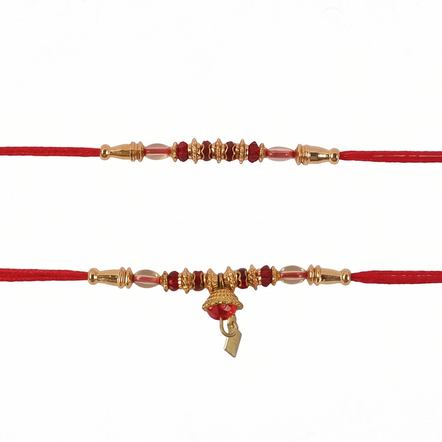 Close-up of Rakhi with pearl beads and red thread highlighting craftsmanship