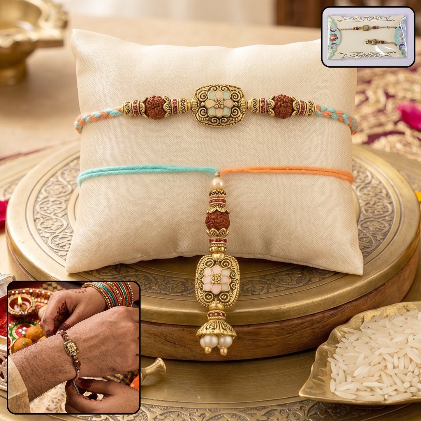 Rudraksha Pearl Rakhi with meenakari design and pearl beads