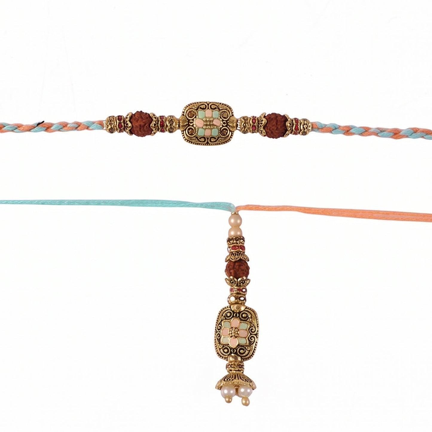 Pearl bead detail on elegant Rudraksha Rakhi