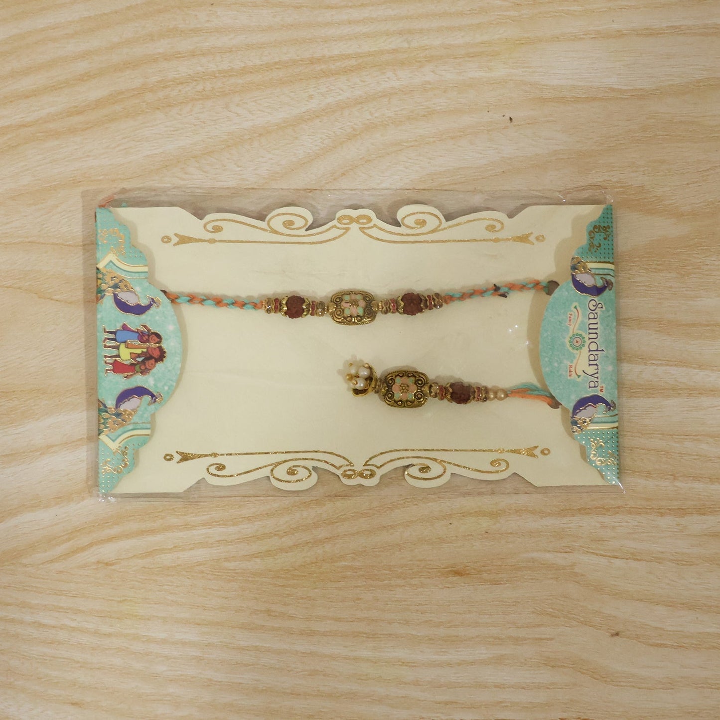 Full view of Rudraksha pastel meenakari Rakhi