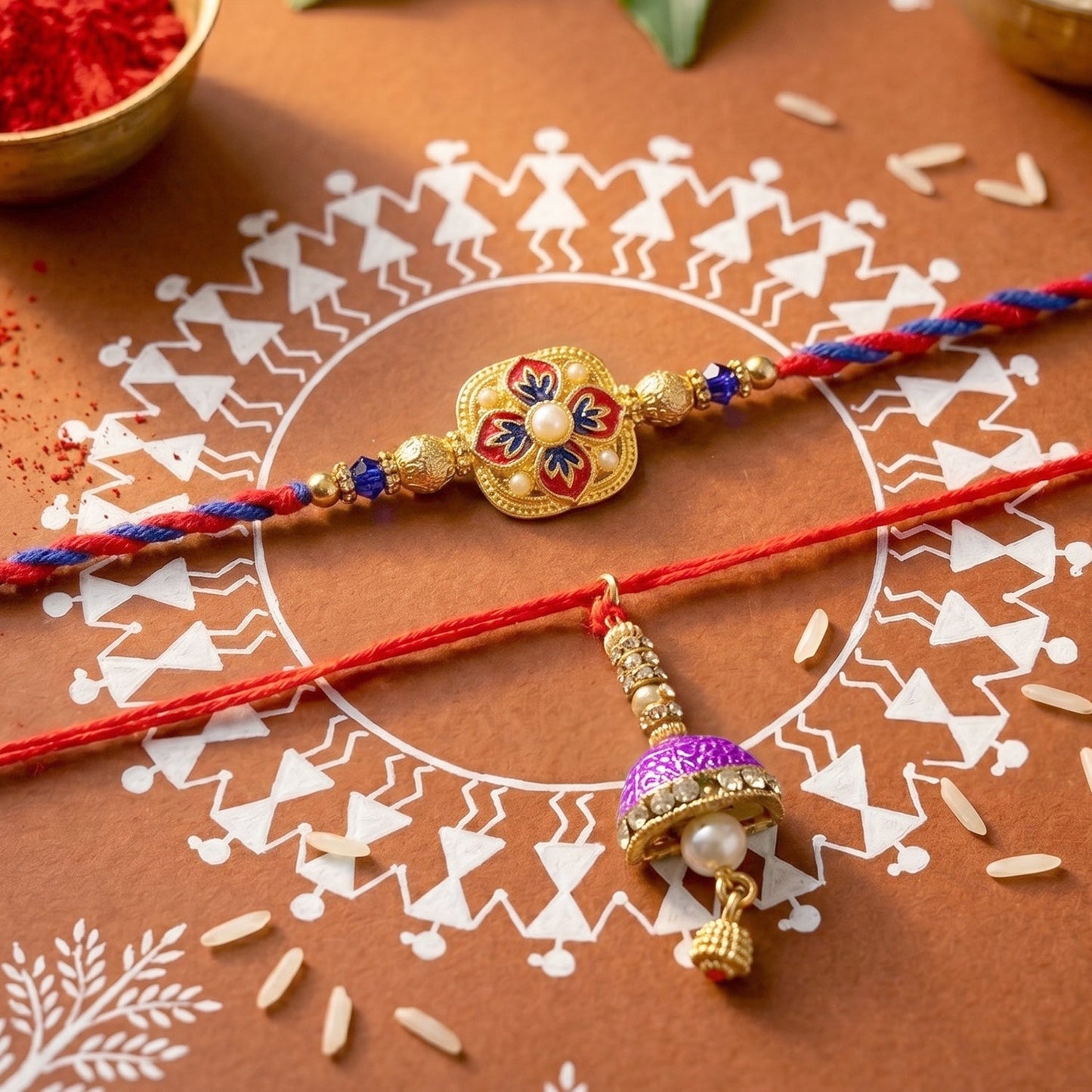 Intricate floral meenakari Rakhi showing pearls and design