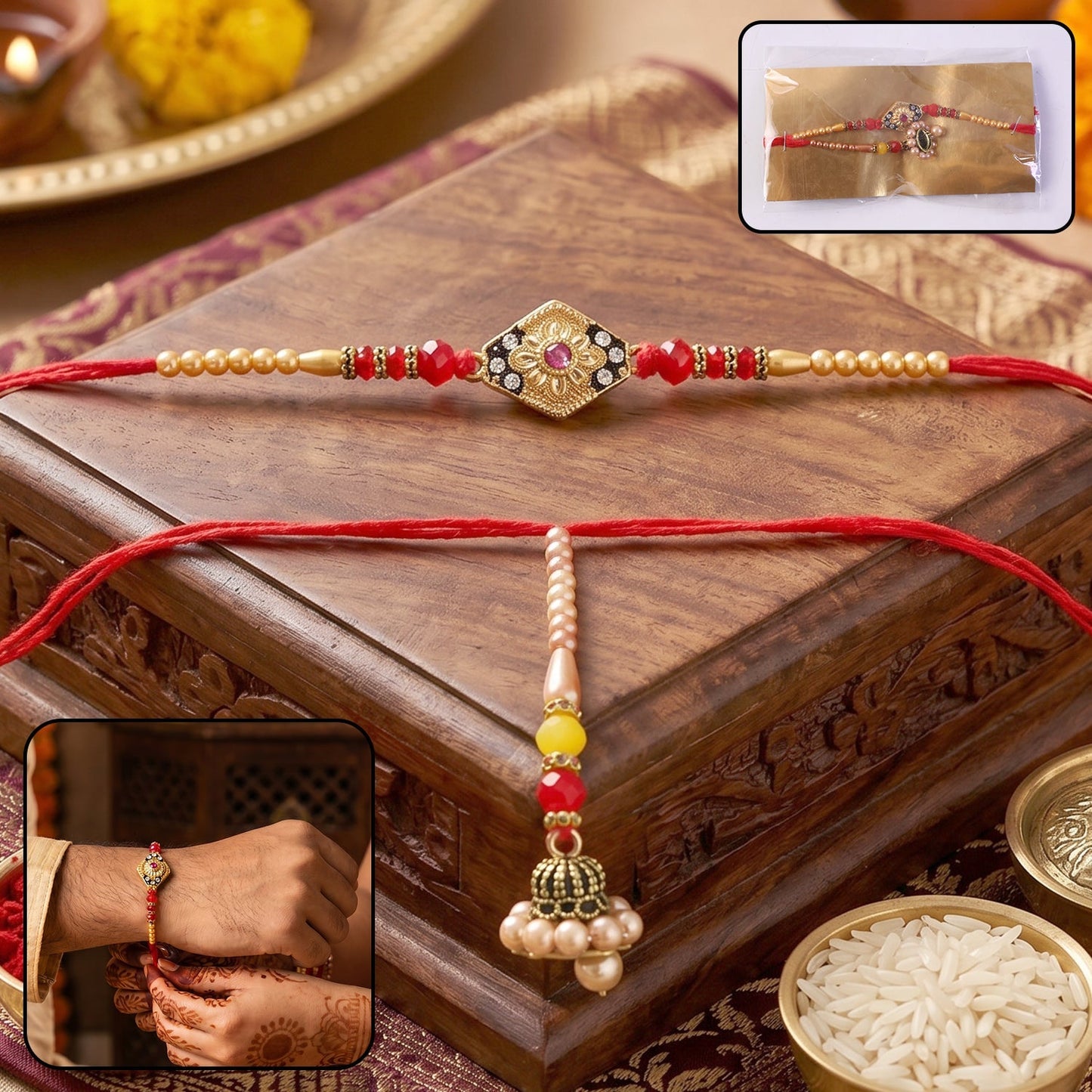 Close-up of diamond shape stone designer Rakhi with pearl Jhumka embellishment