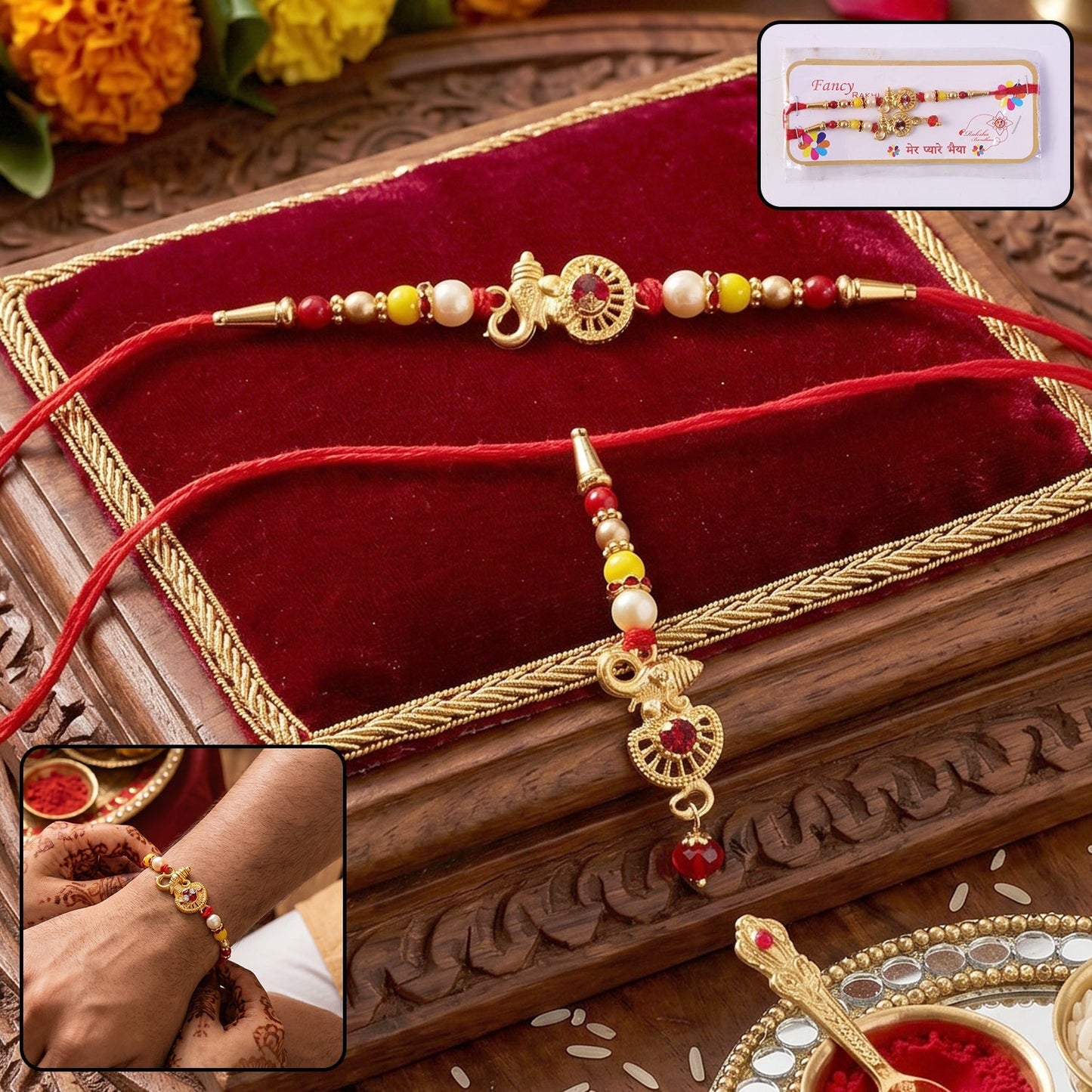 Golden Ganesha designer rakhi with pearl beads, front view