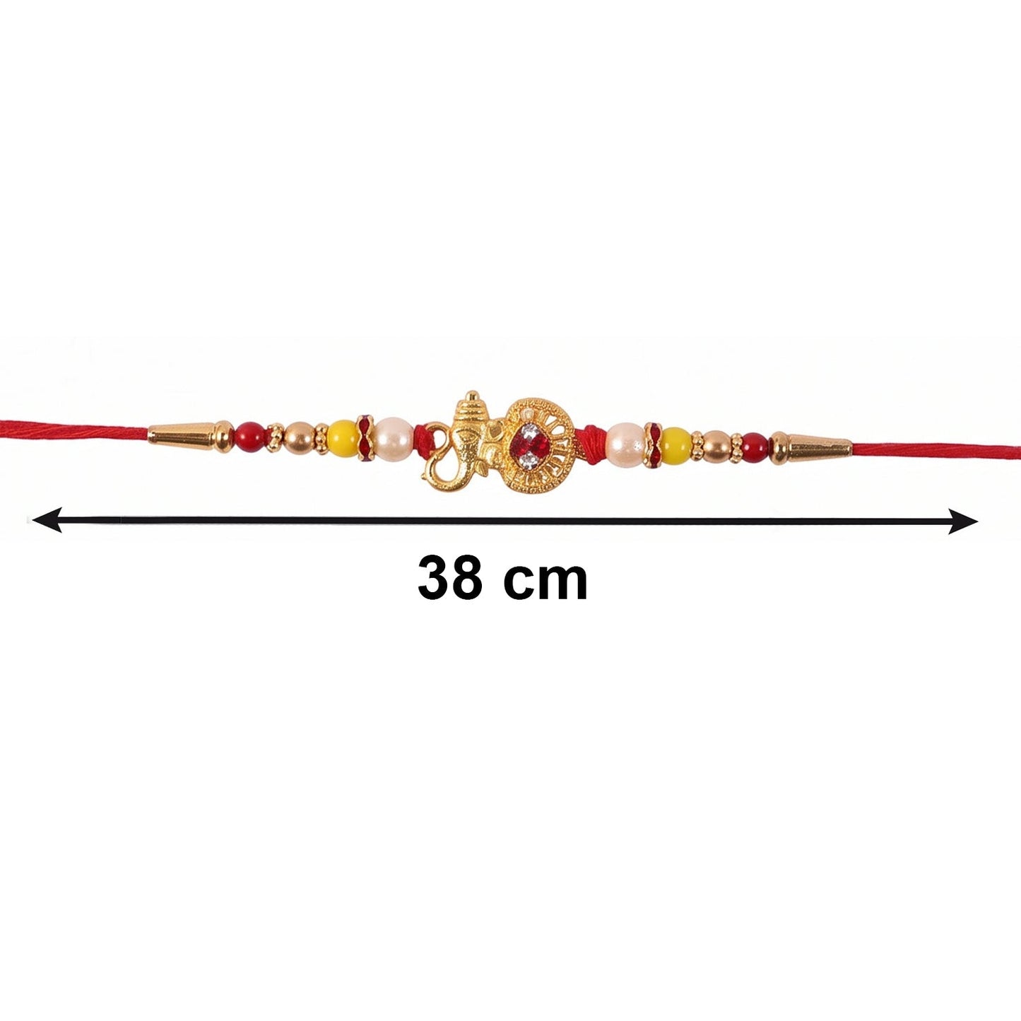 Religious golden Ganesha motif with pearl accents on rakhi