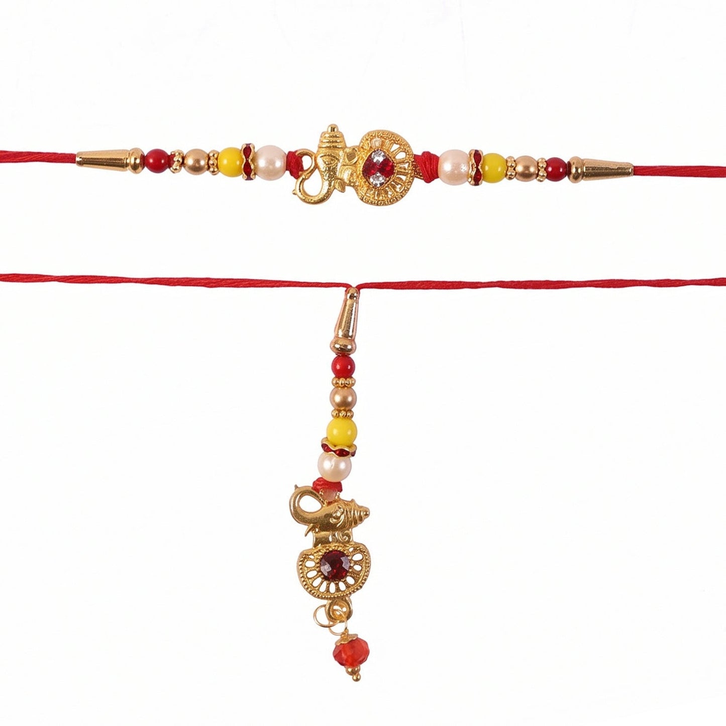 Side angle of Bhabhi rakhi with pearl beads and Ganesha motif