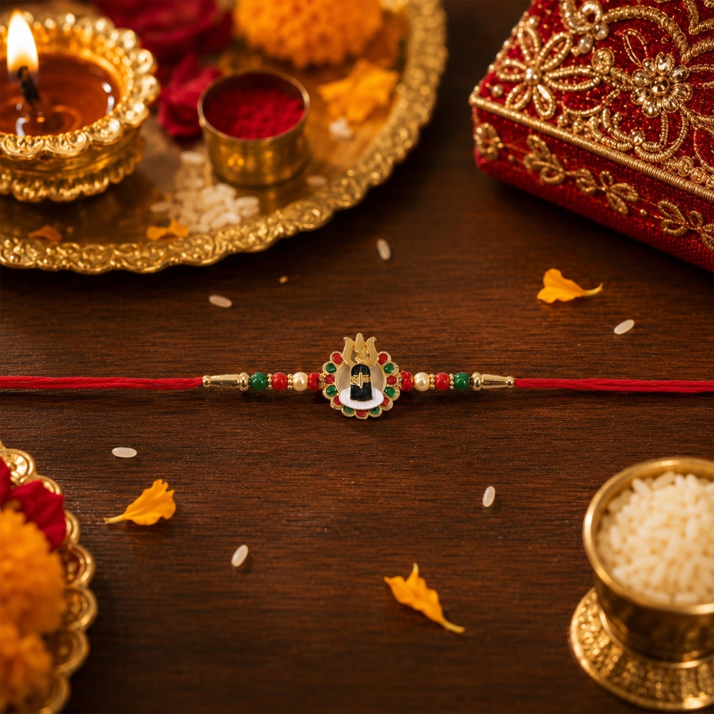 Close-up of colorful beaded Shivling Design Rakhi centerpiece