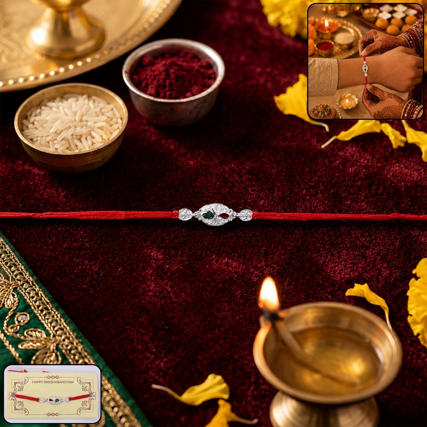 Silver oval designer Rakhi with red thread and decorative beads
