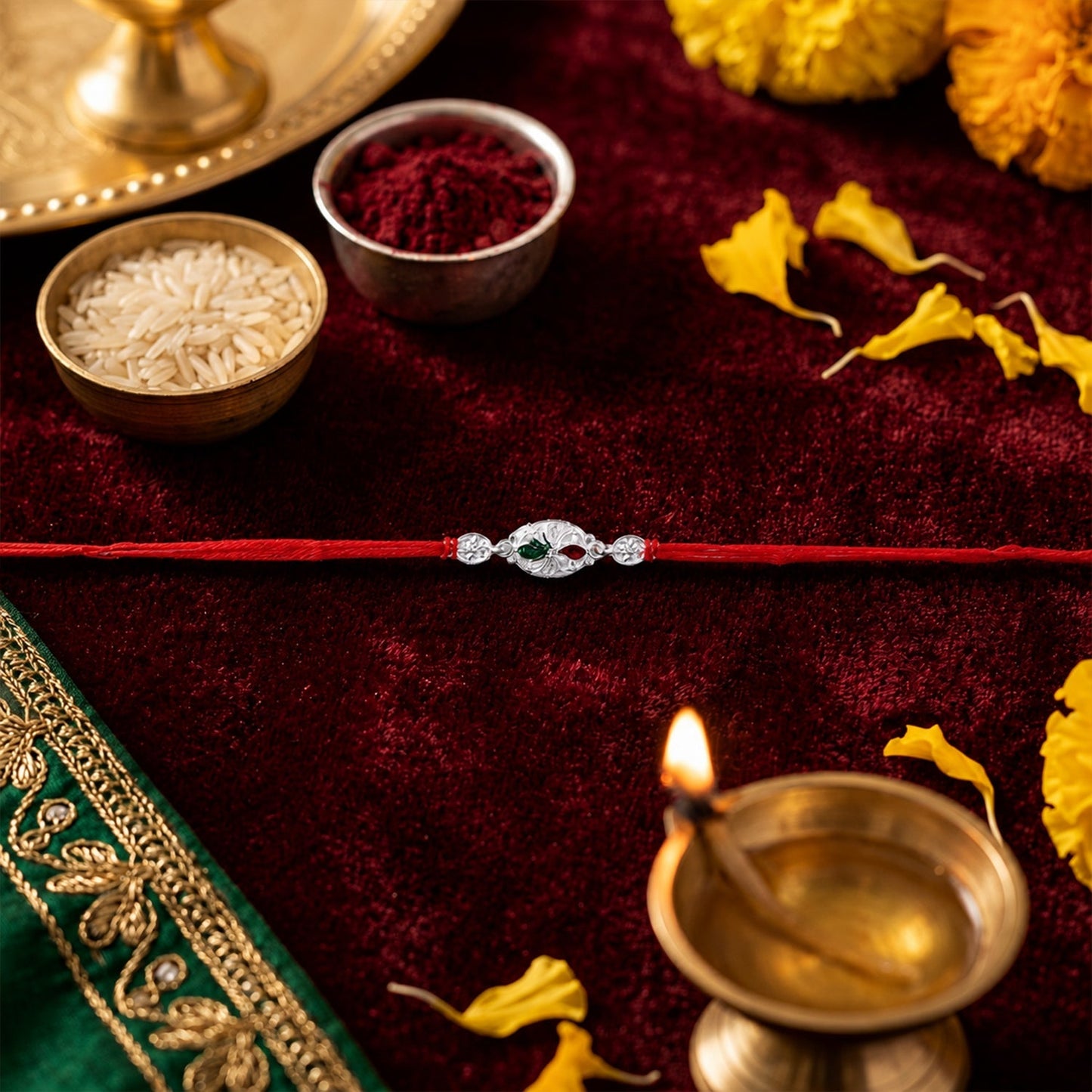 Silver oval designer Rakhi displayed with intricate detailing
