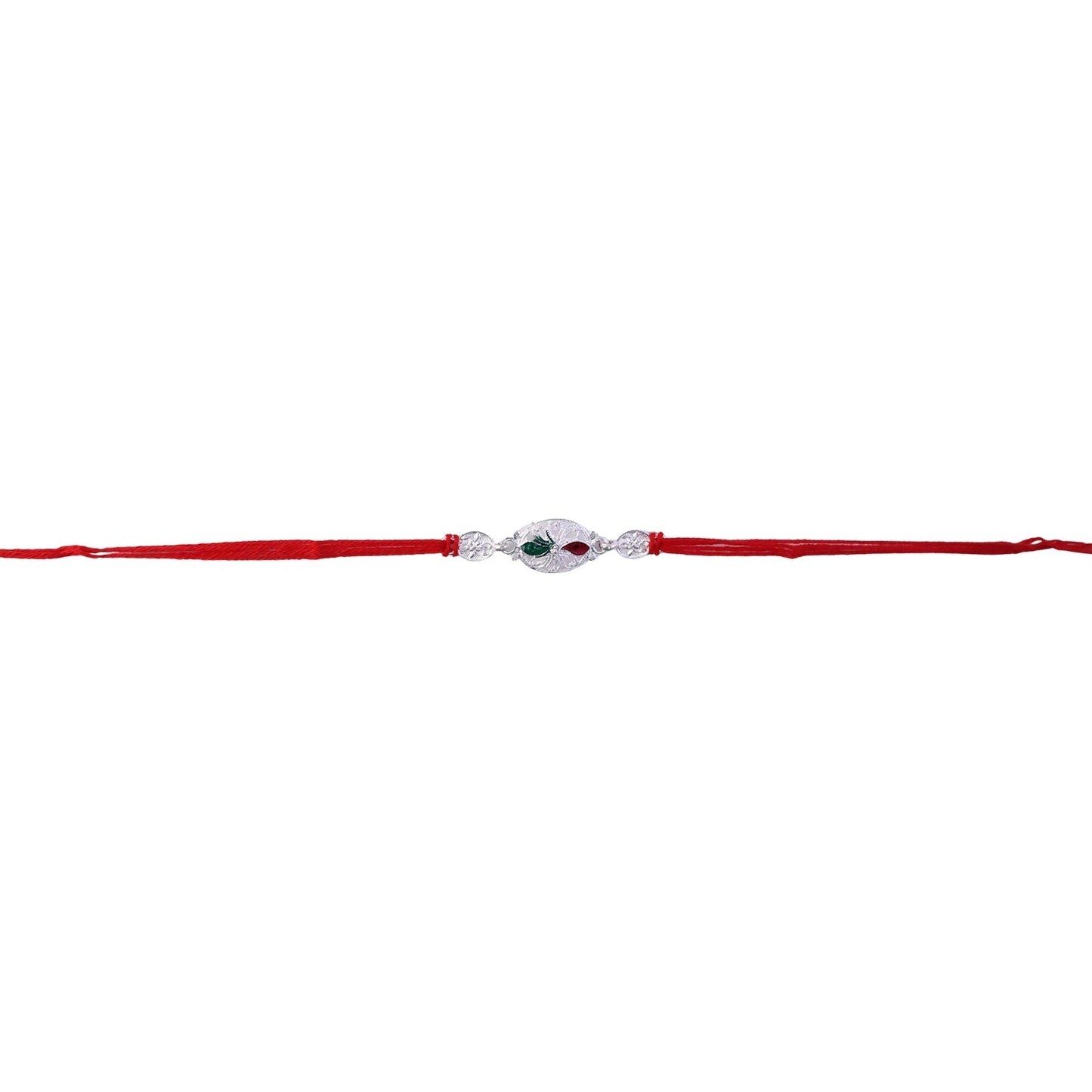 Silver Rakhi featuring oval design on red thread with beads