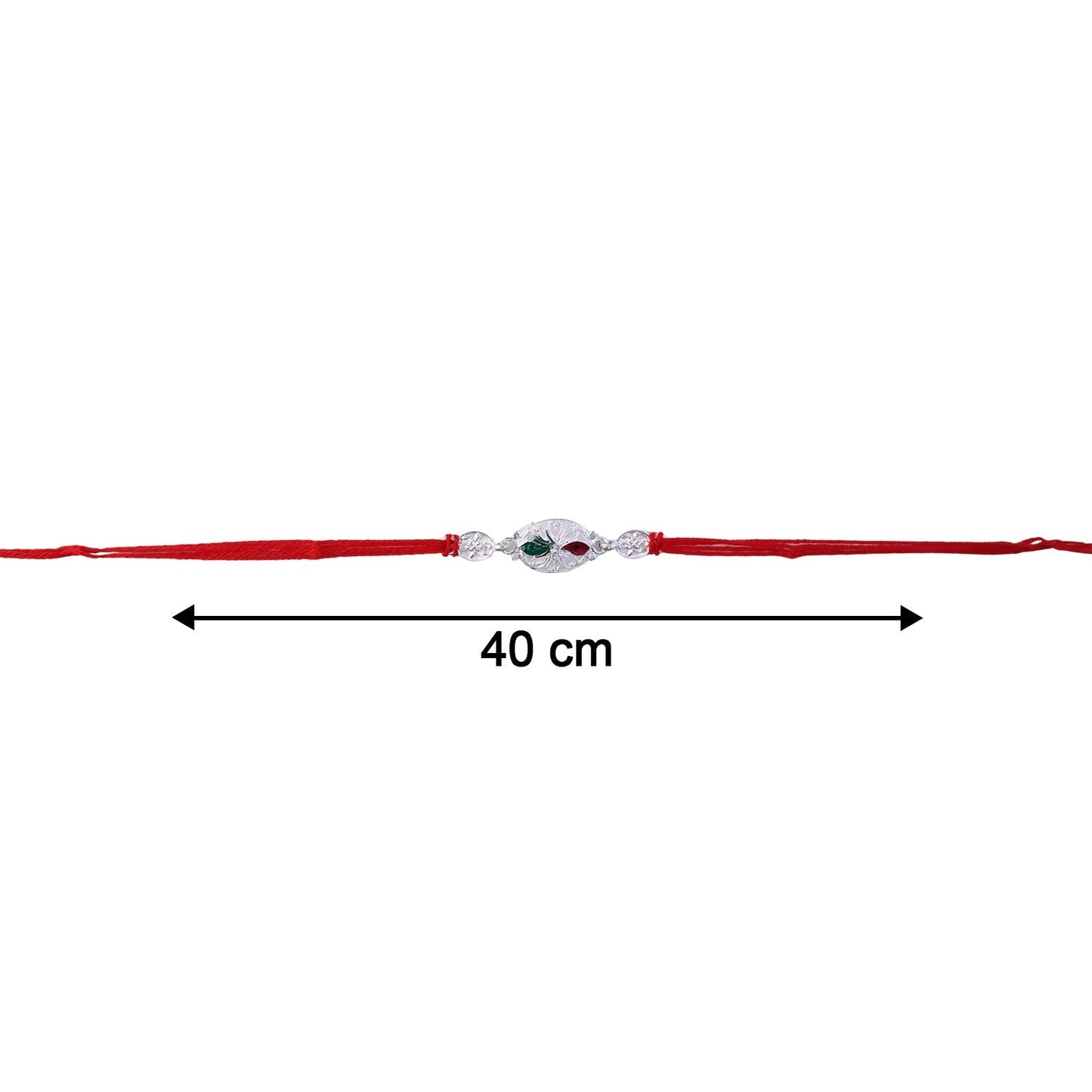 Detailed view of silver oval Rakhi with red thread and ornamentation