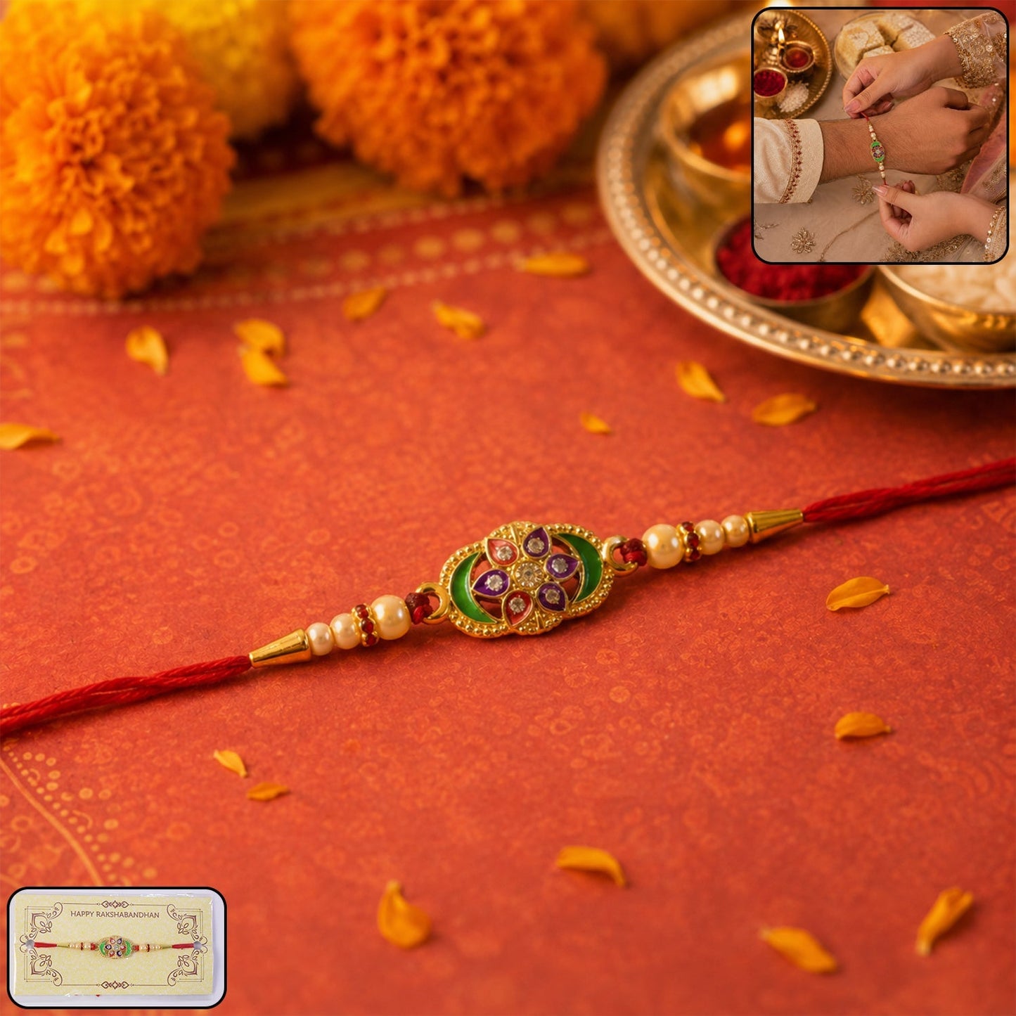 Colorful floral Rakhi with pearl beads and soft thread for siblings