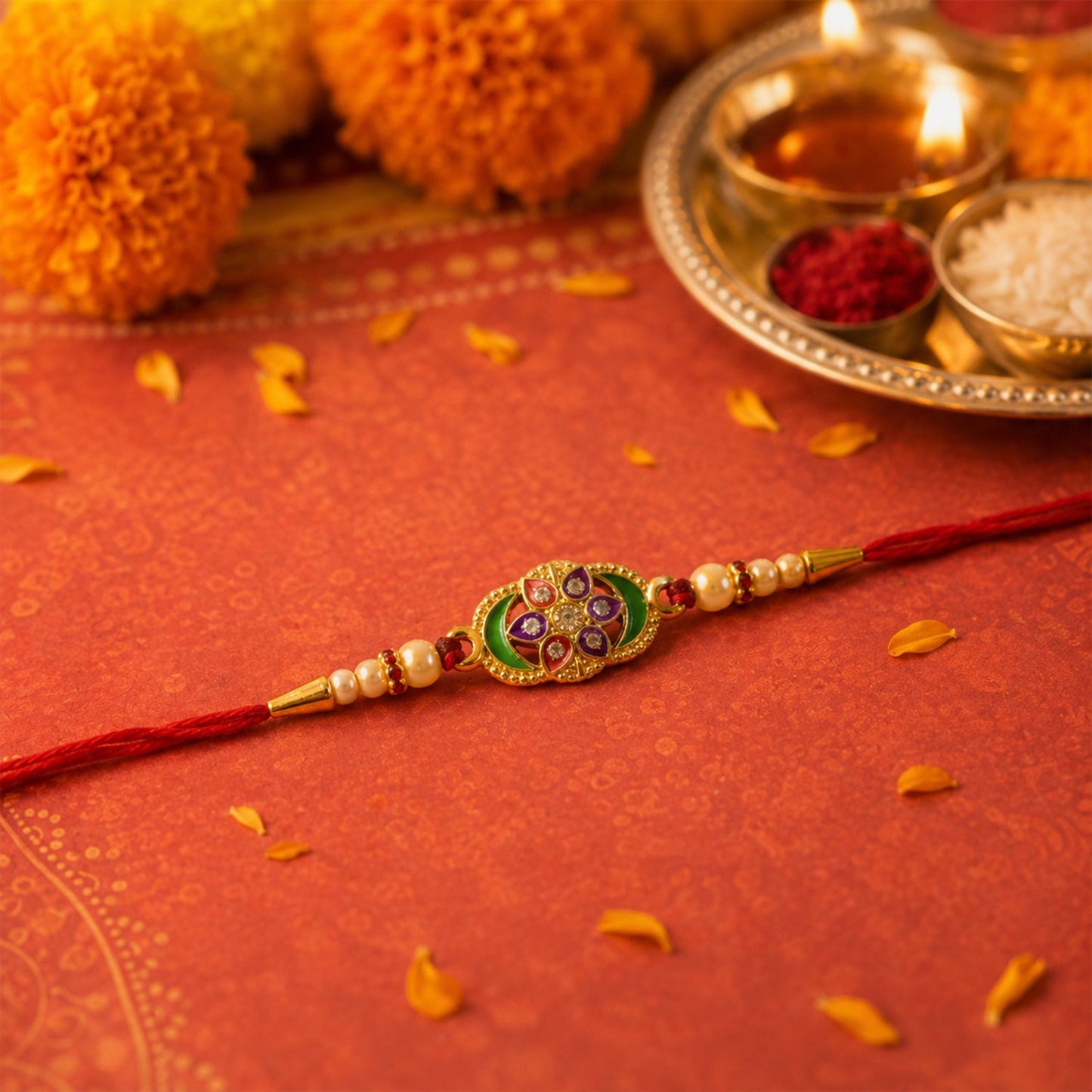 Close-up of floral center and pearl bead details on Rakhi