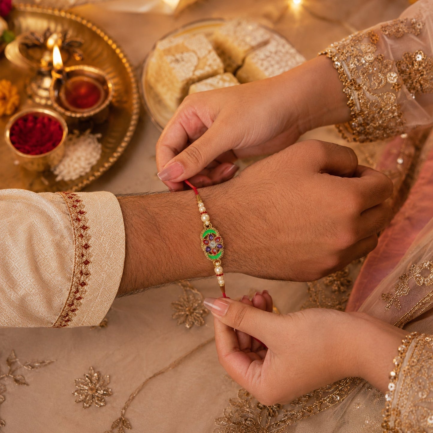 Traditional floral Rakhi with elegant pearl accents