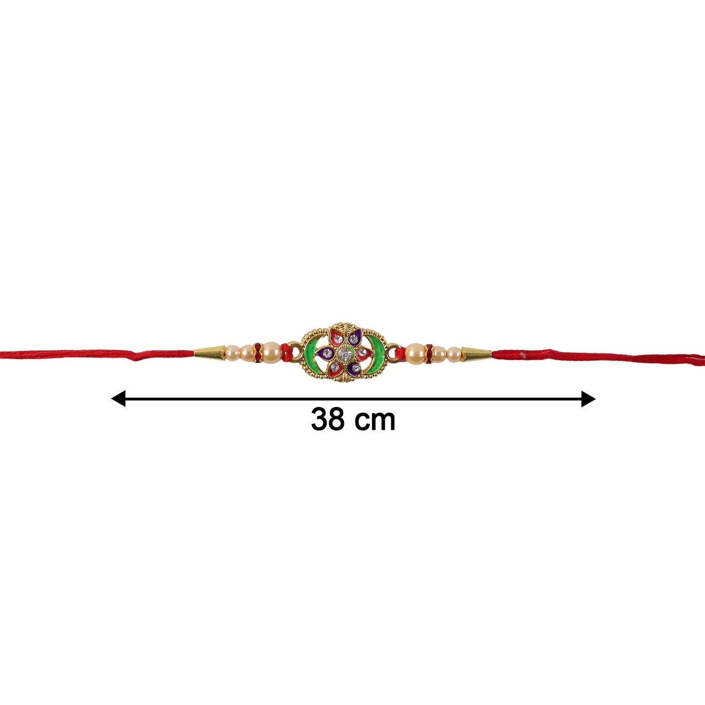 Side view of colorful floral Rakhi with pearl embellishments