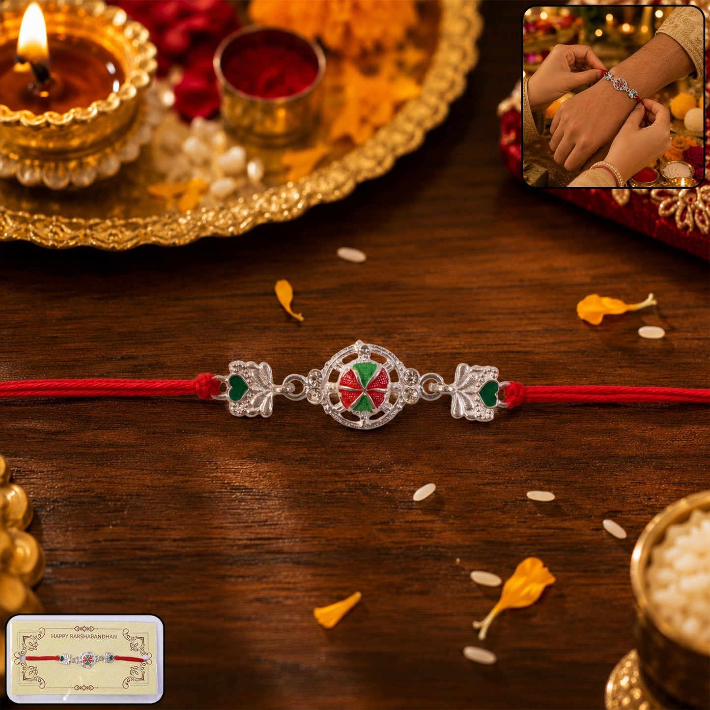 Silver floral design Rakhi with red thread on white background