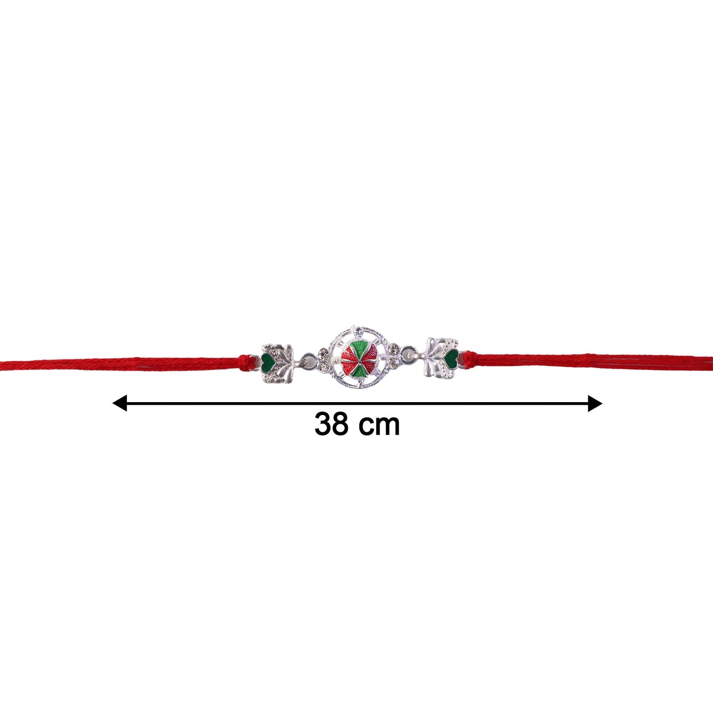 Traditional silver floral design Rakhi with red thread