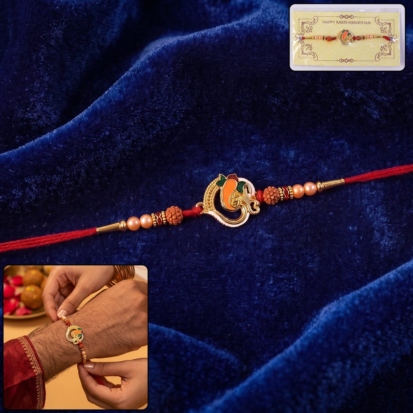 Ganesh Design Rakhi with Rudraksha beads and decorative embellishments