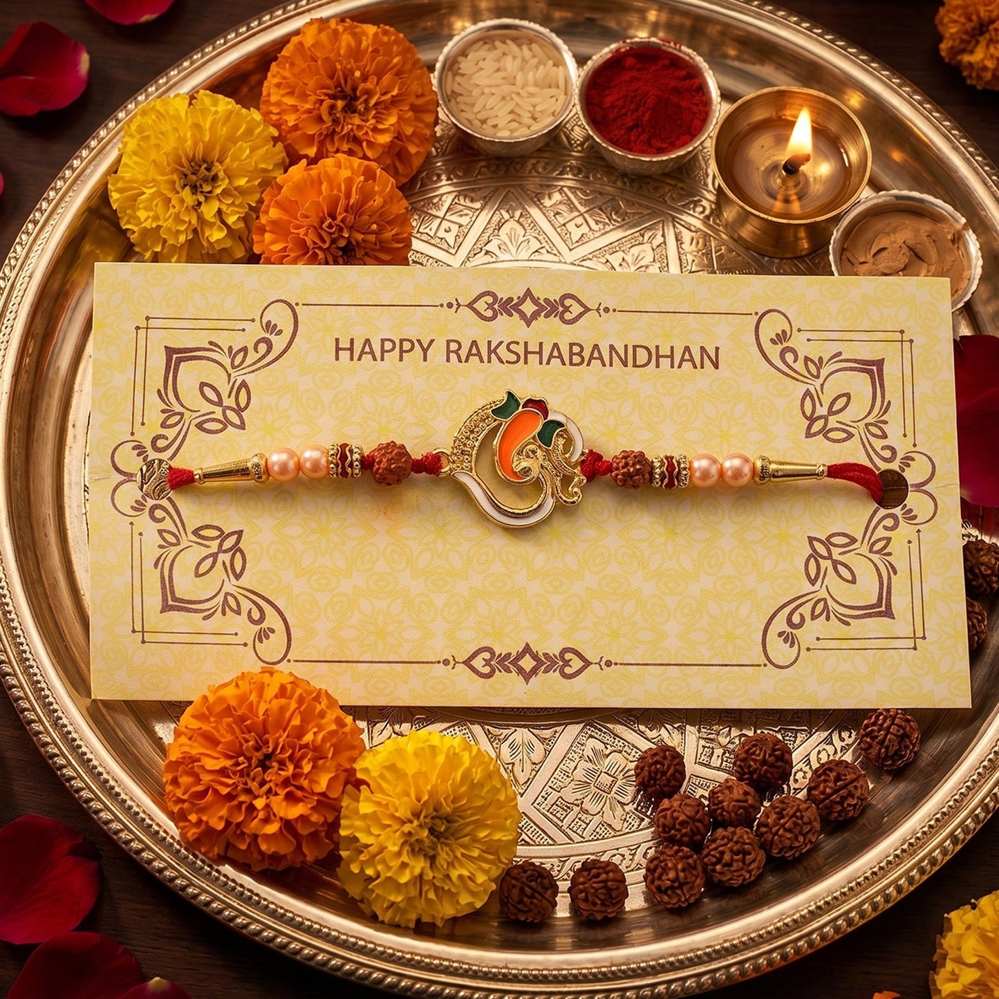 Traditional Rakhi with soft thread and Rudraksha beads for Raksha Bandhan